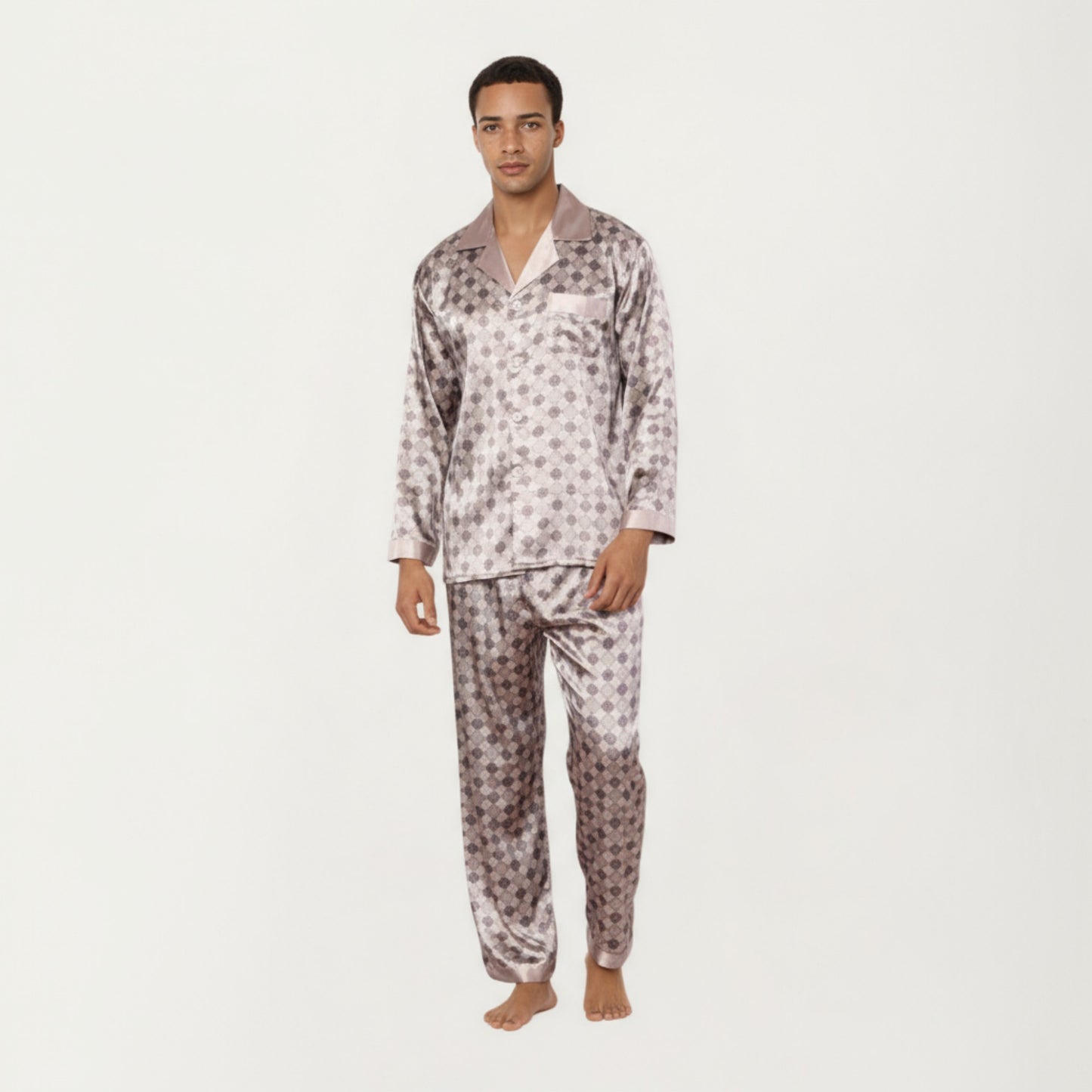 Men's 2-Piece Set Satin Pajamas with Geometric Check Print and Contrast Trim Details