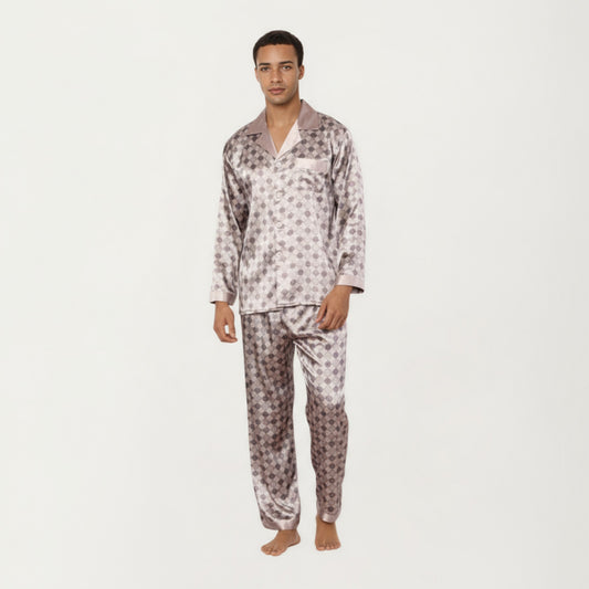 Men's 2-Piece Set Satin Pajamas with Geometric Check Print and Contrast Trim Details