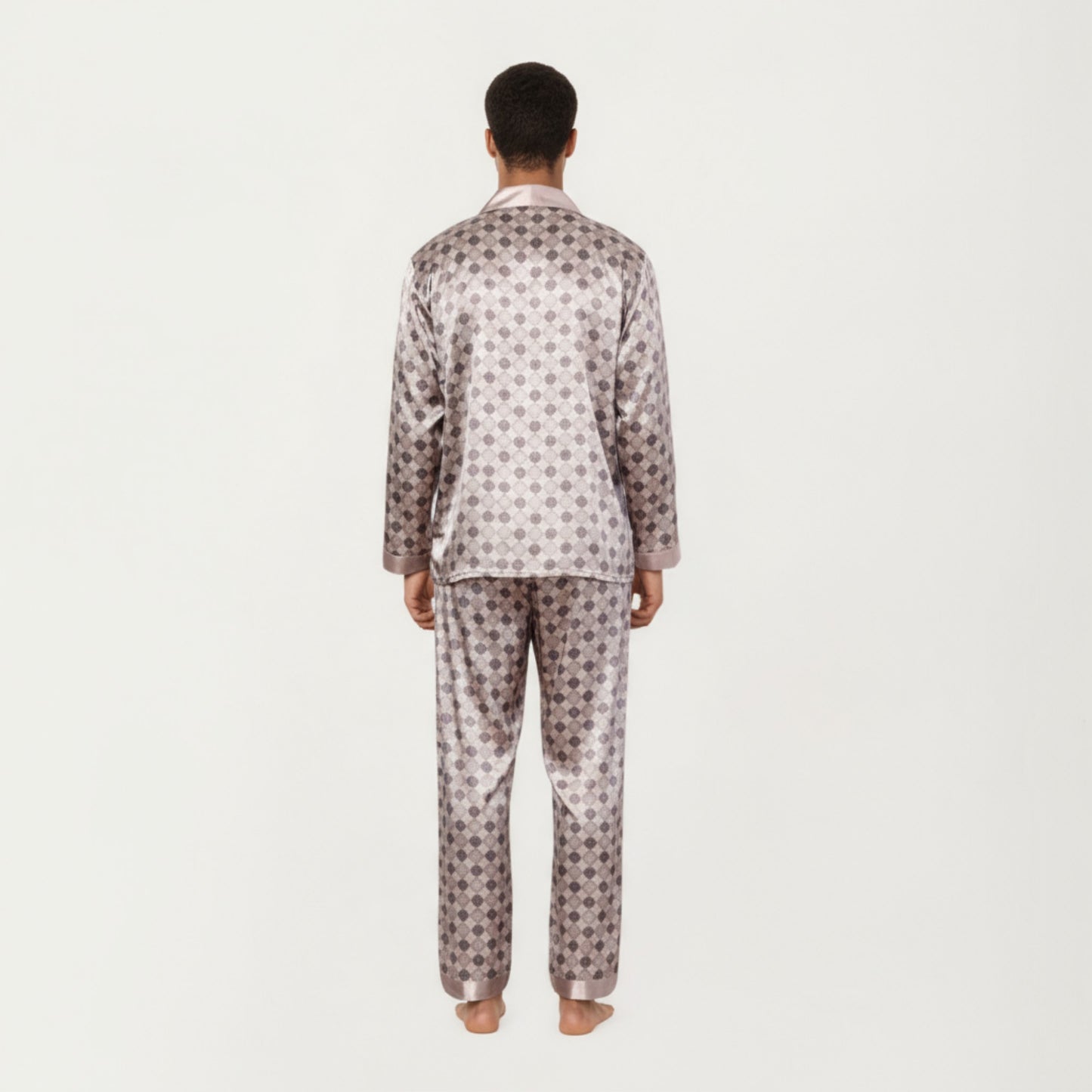 Men's 2-Piece Set Satin Pajamas with Geometric Check Print and Contrast Trim Details