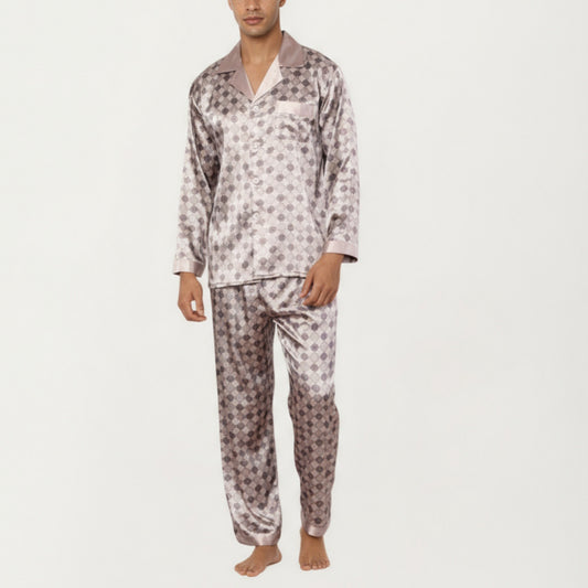 Men's 2-Piece Set Satin Pajamas with Geometric Check Print and Contrast Trim Details