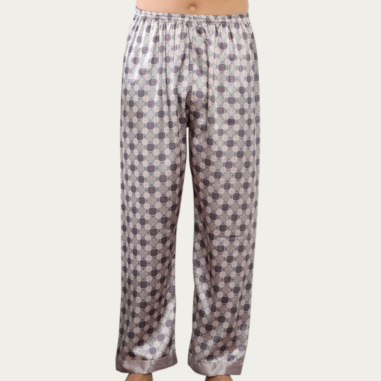 Men's Satin Lounge Pants with Geometric Print and Elastic Waistband
