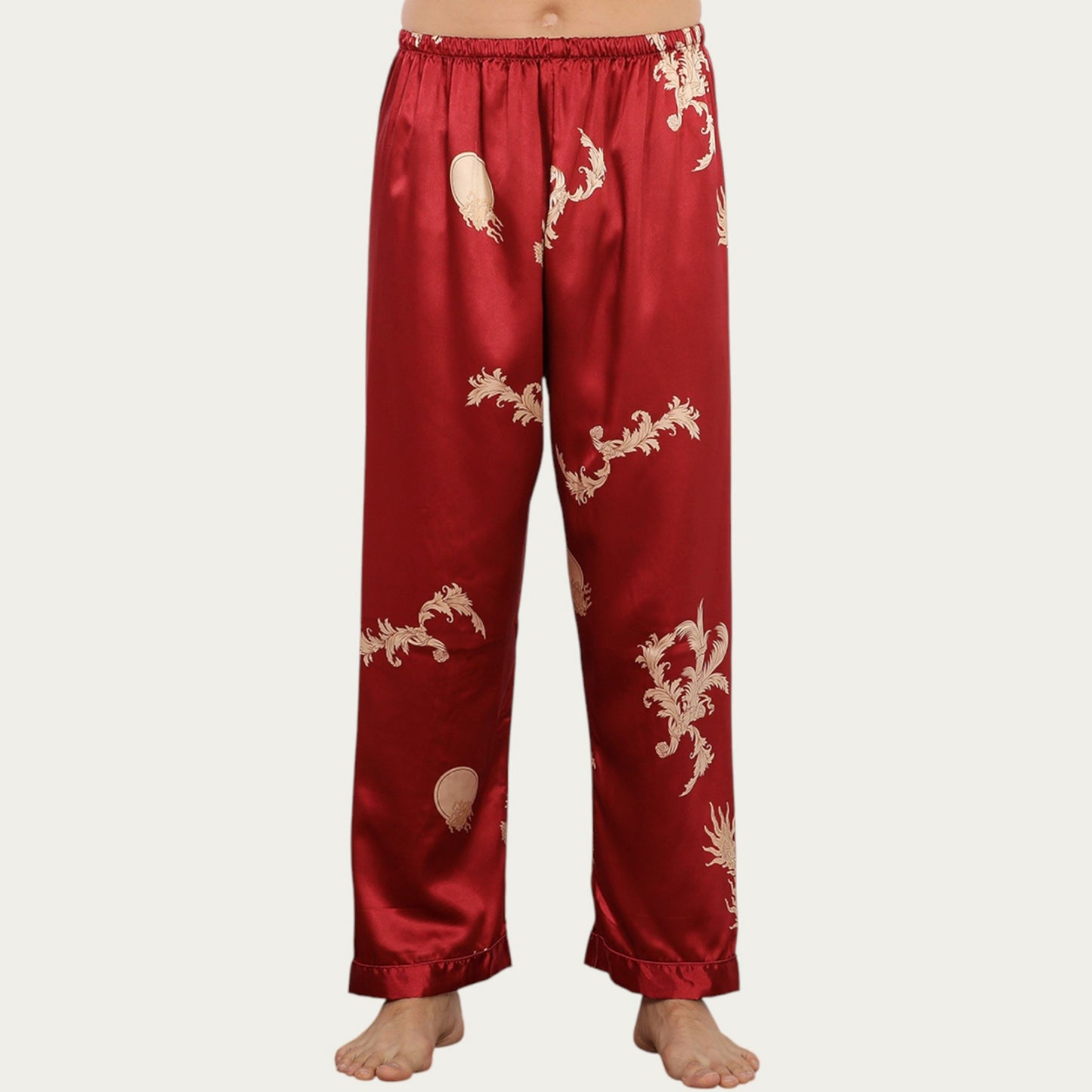 Men's Satin Lounge Pants with Baroque Print and Elastic Waistband