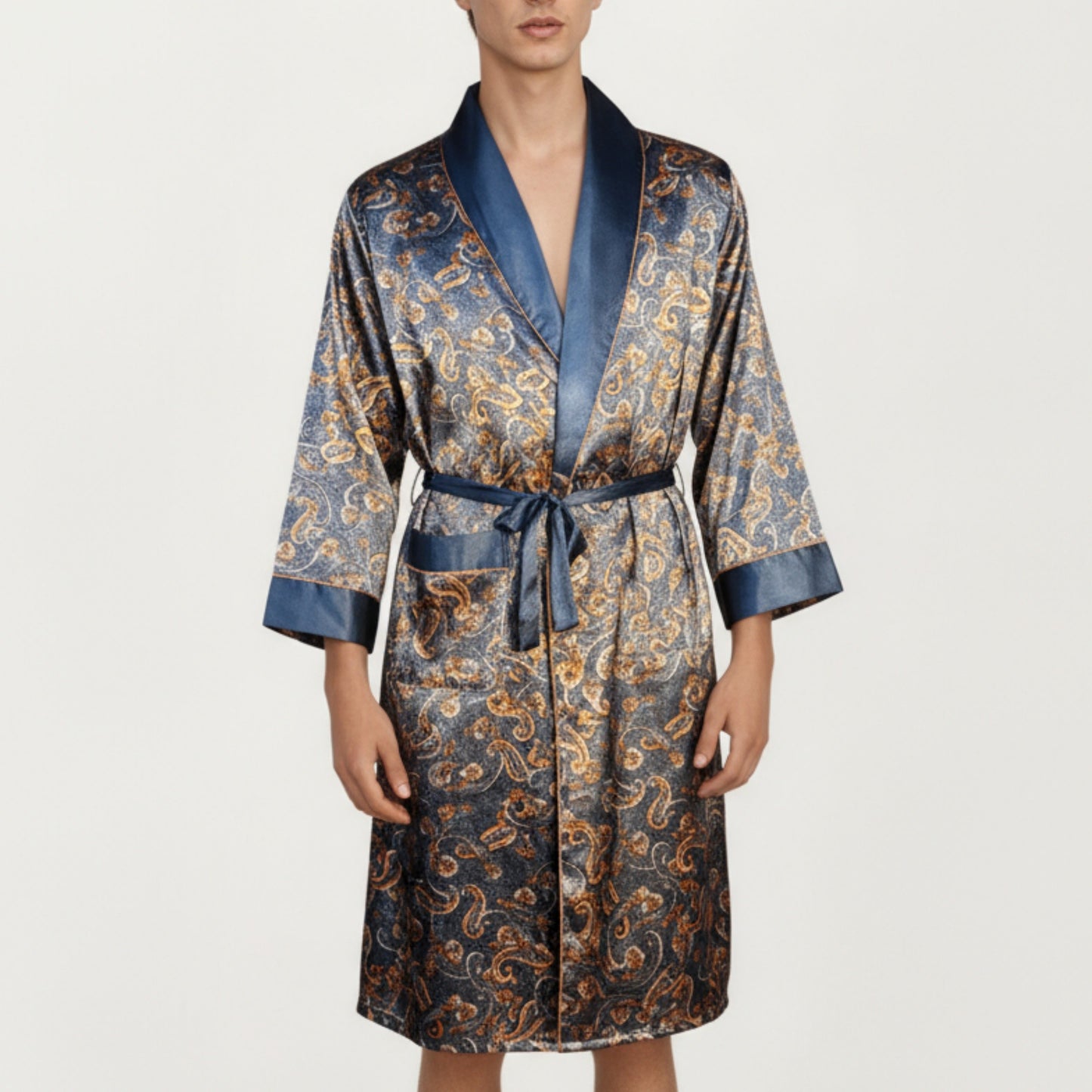 Men's Paisley Print Satin Robe with Contrast Shawl Collar and Waist Tie Belt