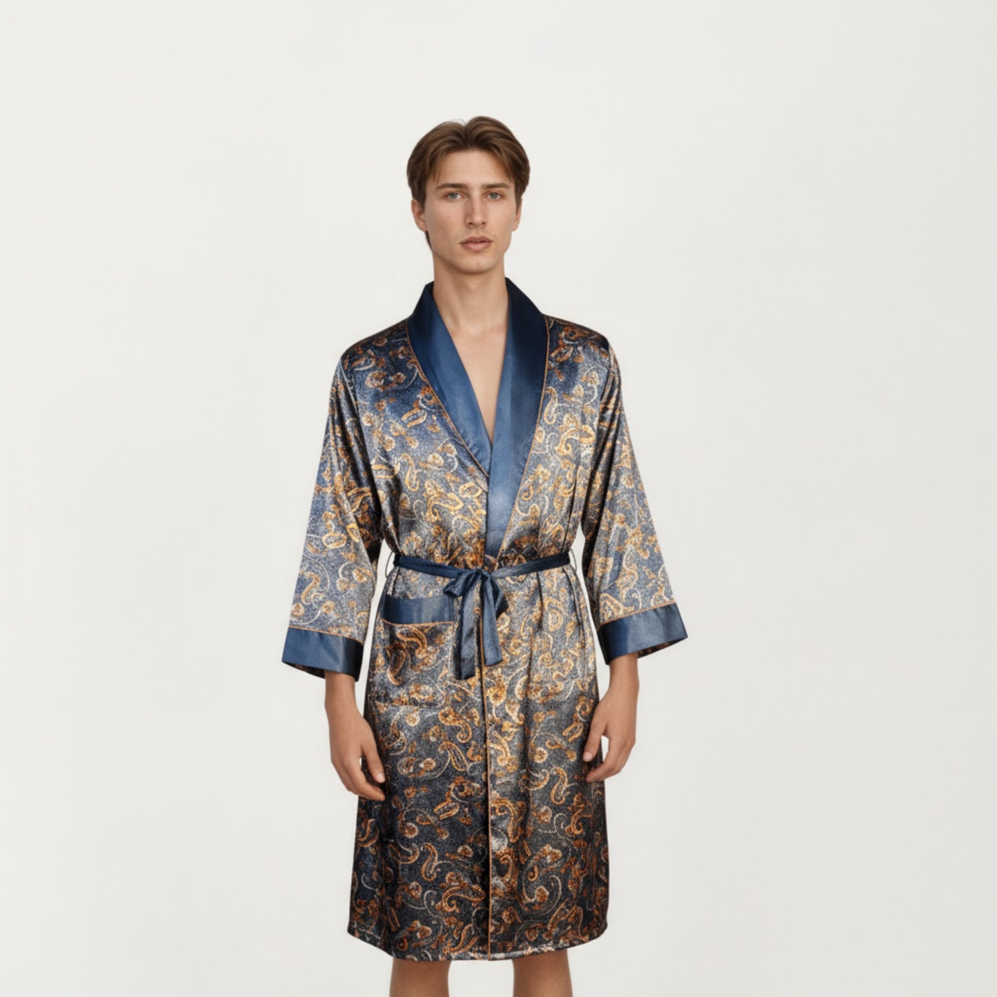 Men's Paisley Print Satin Robe with Contrast Shawl Collar and Waist Tie Belt