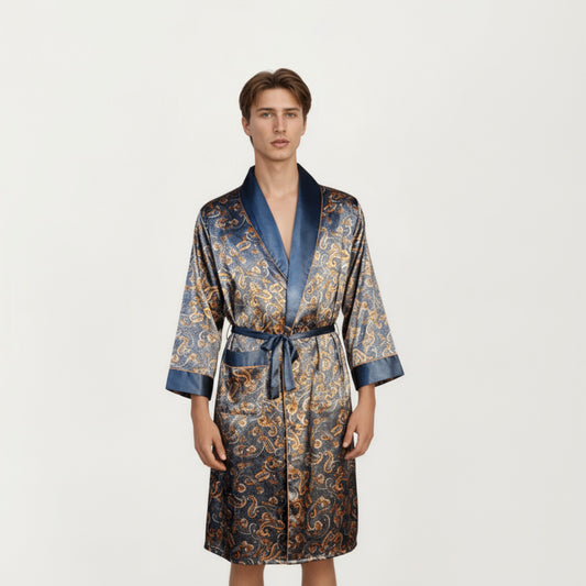 Men's Paisley Print Satin Robe with Contrast Shawl Collar and Waist Tie Belt