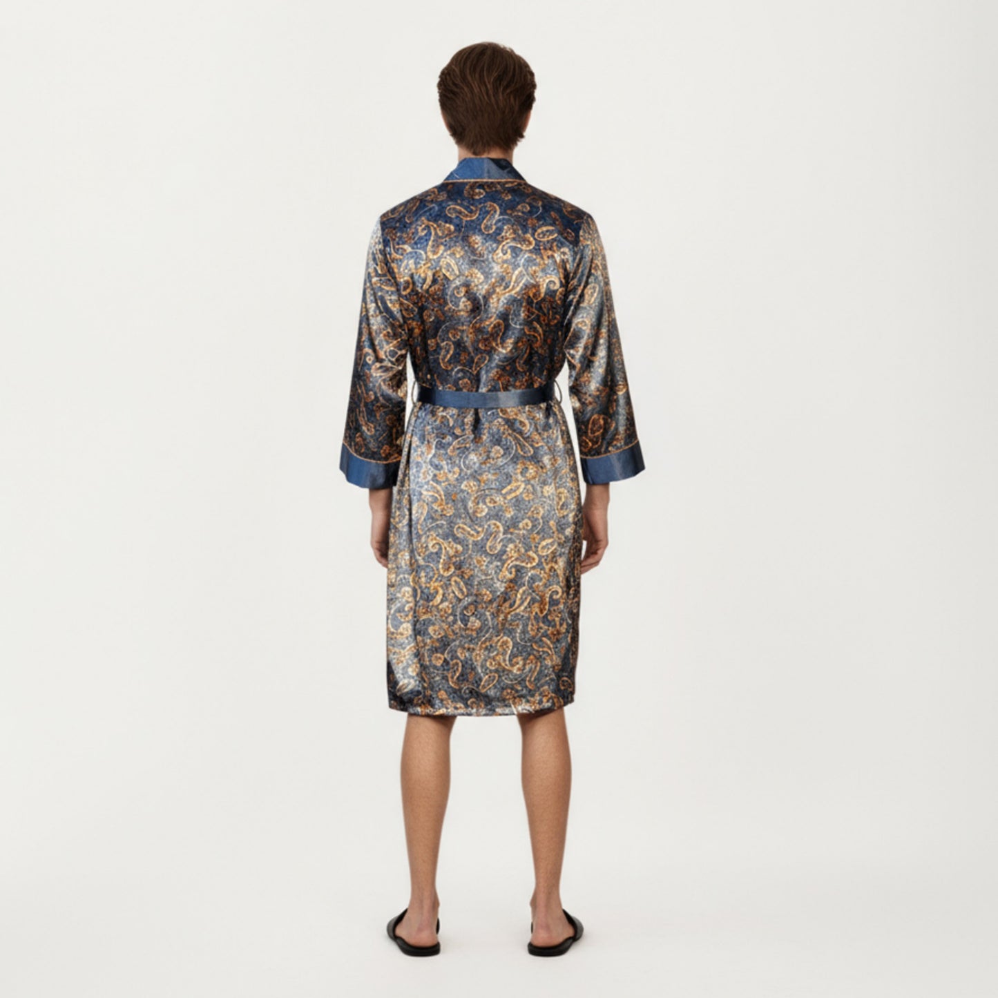 Men's Paisley Print Satin Robe with Contrast Shawl Collar and Waist Tie Belt