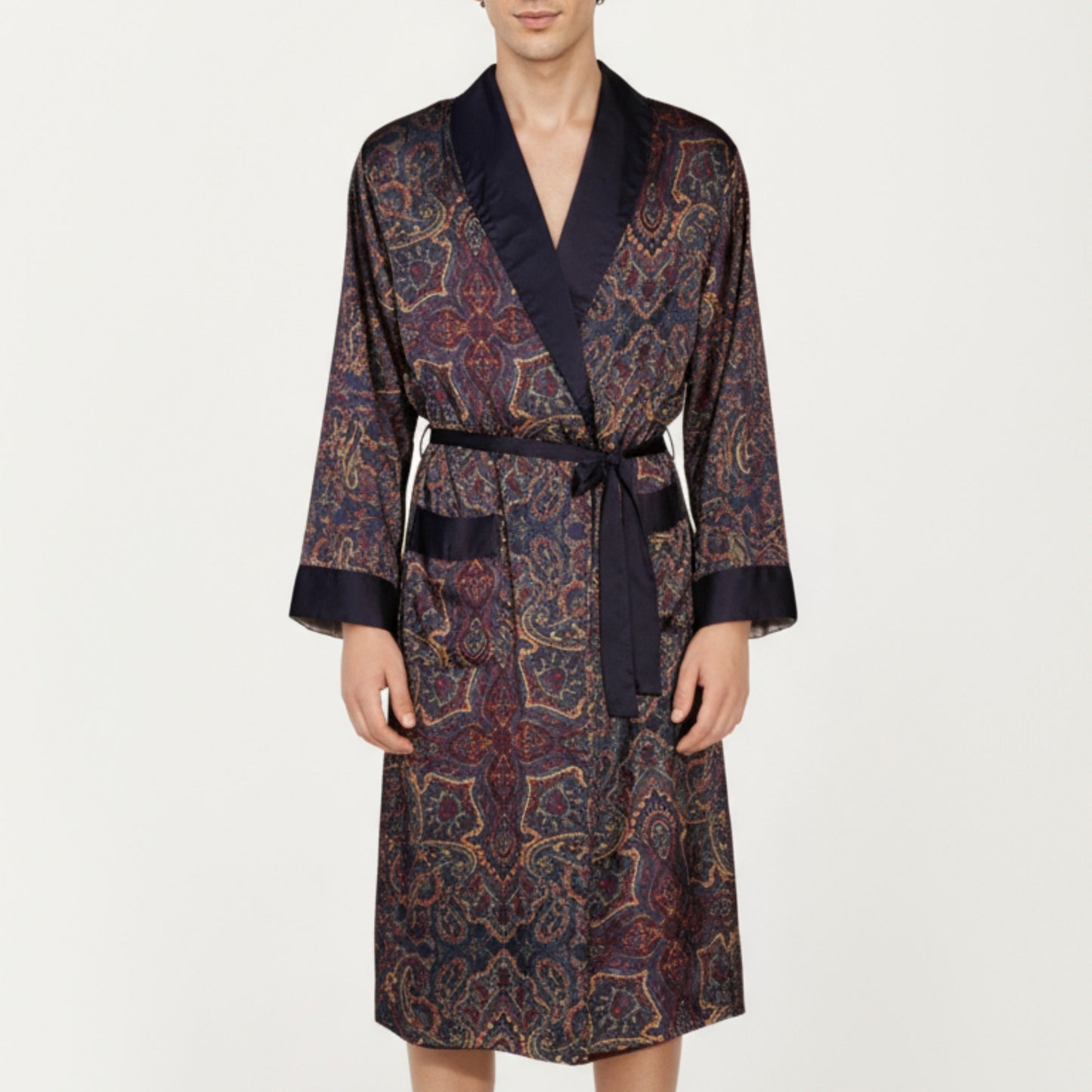 Men's Paisley Print Satin Robe with Contrast Trim Shawl Collar and Waist Tie