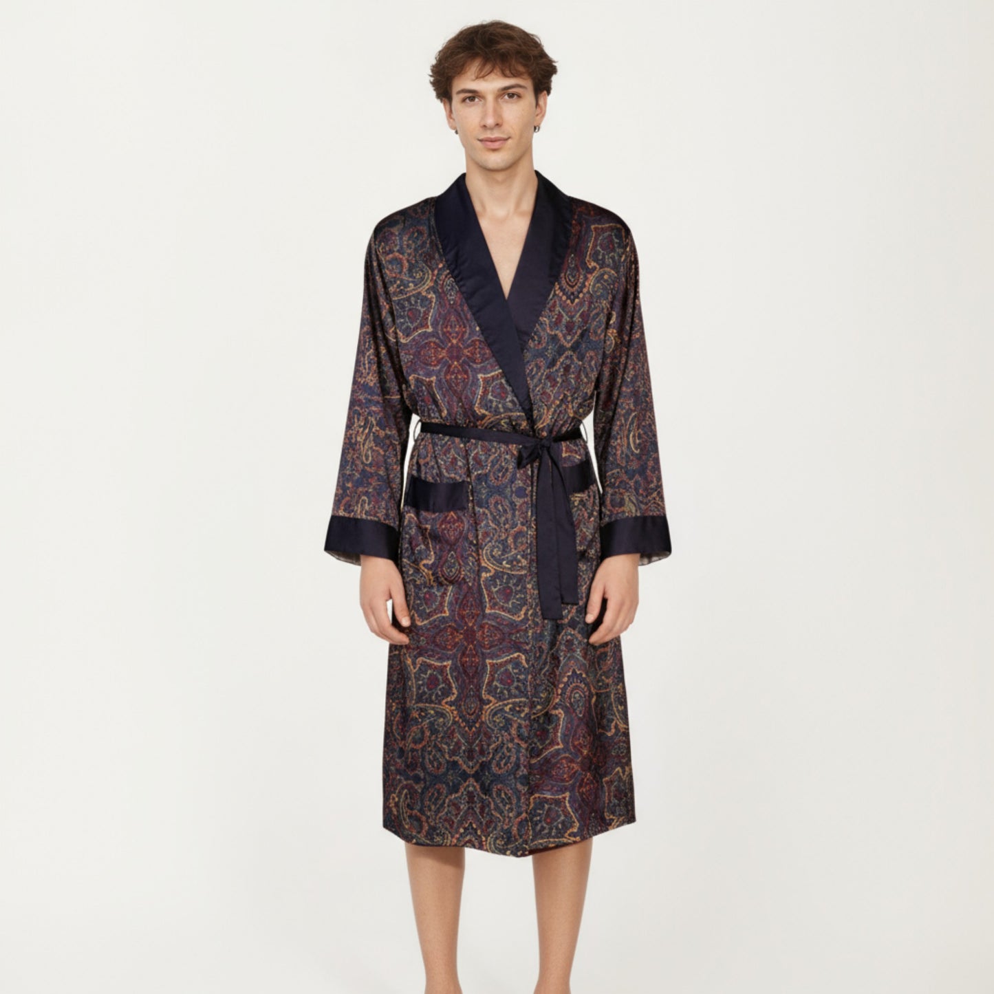 Men's Paisley Print Satin Robe with Contrast Trim Shawl Collar and Waist Tie
