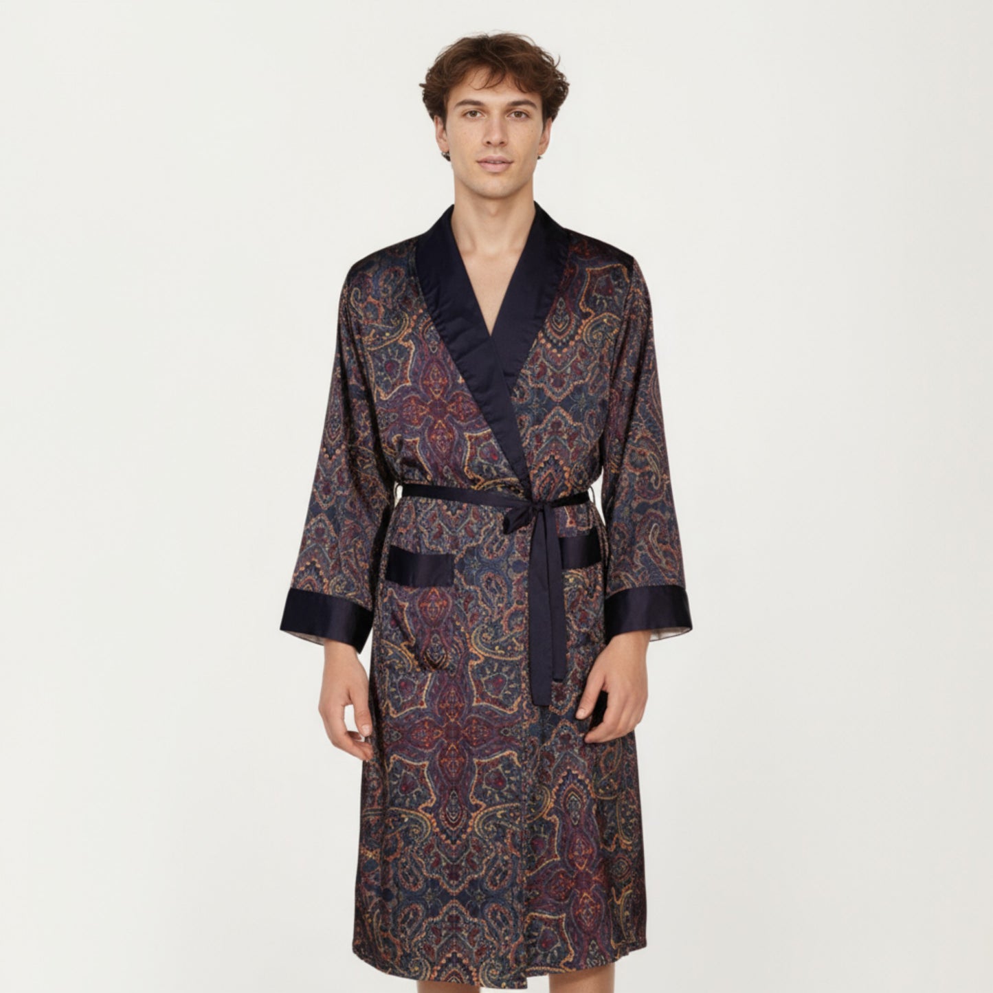Men's Paisley Print Satin Robe with Contrast Trim Shawl Collar and Waist Tie