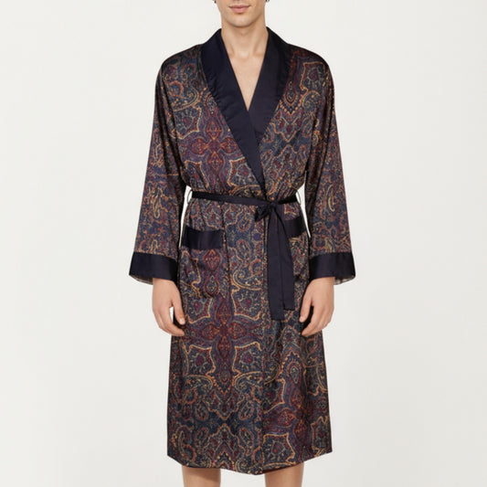 Men's Paisley Print Satin Robe with Contrast Trim Shawl Collar and Waist Tie