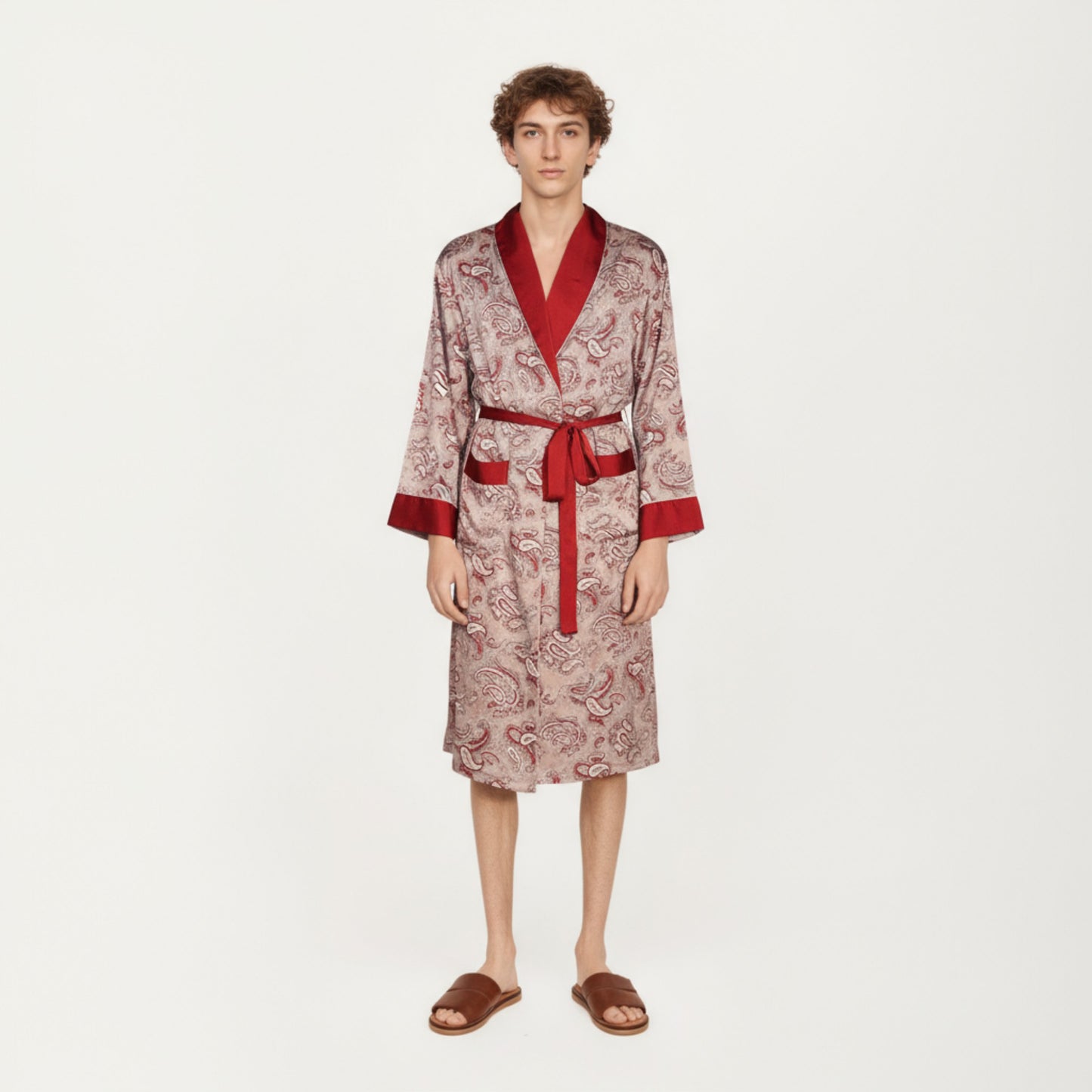 Men's Paisley Print Satin Robe with Contrast Trim Shawl Collar and Waist Tie