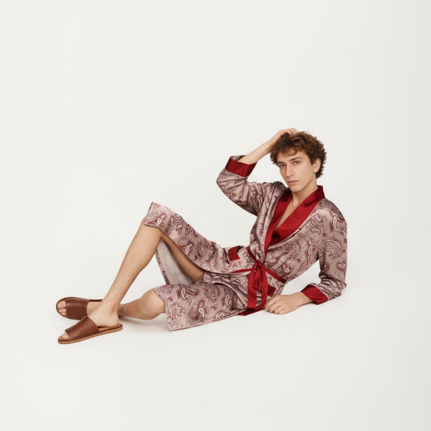Men's Paisley Print Satin Robe with Contrast Trim Shawl Collar and Waist Tie