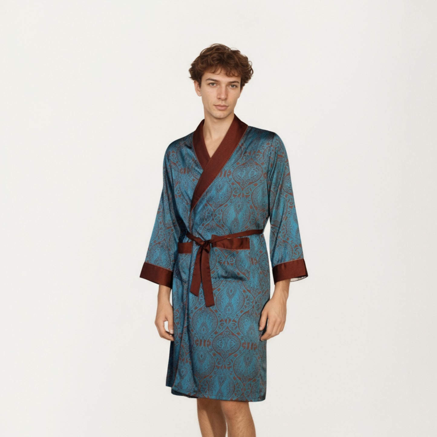 Men's Paisley Print Satin Robe with Contrast Trim Shawl Collar and Waist Tie
