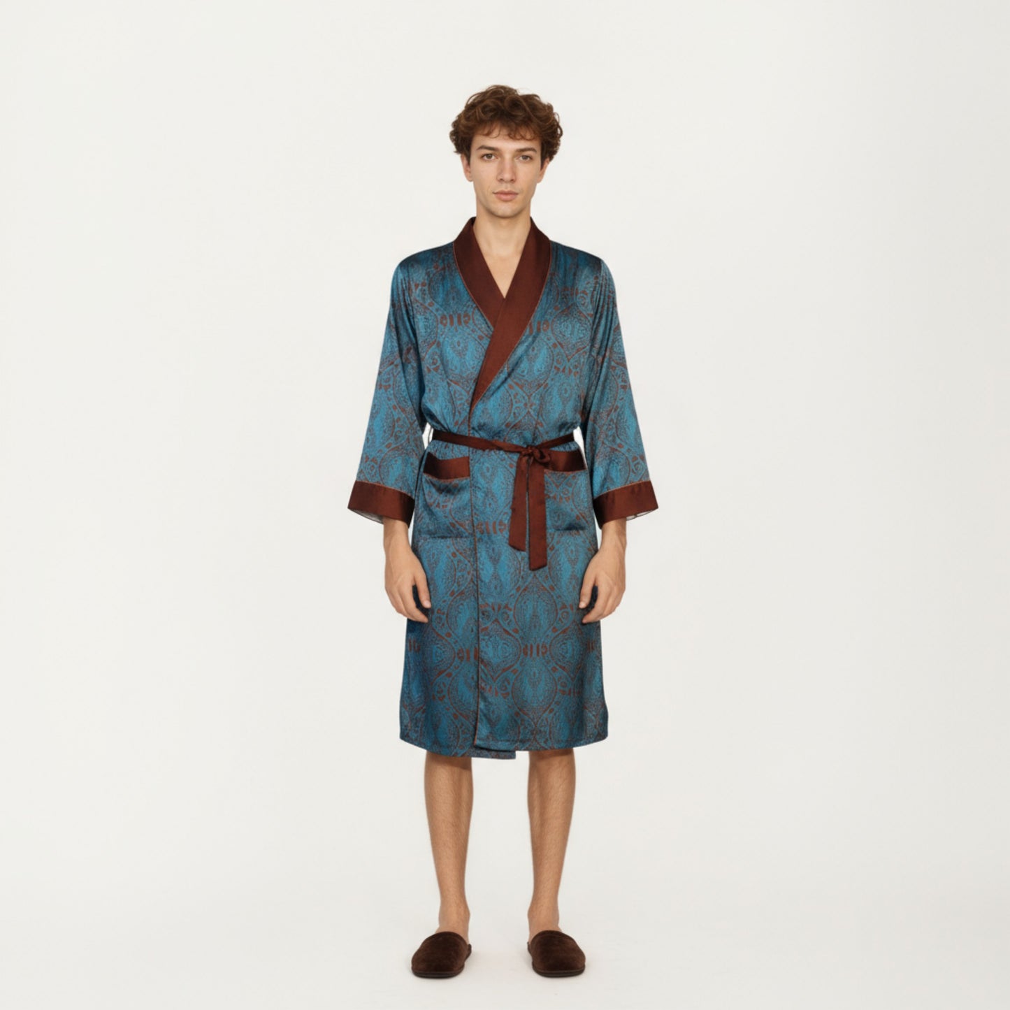Men's Paisley Print Satin Robe with Contrast Trim Shawl Collar and Waist Tie