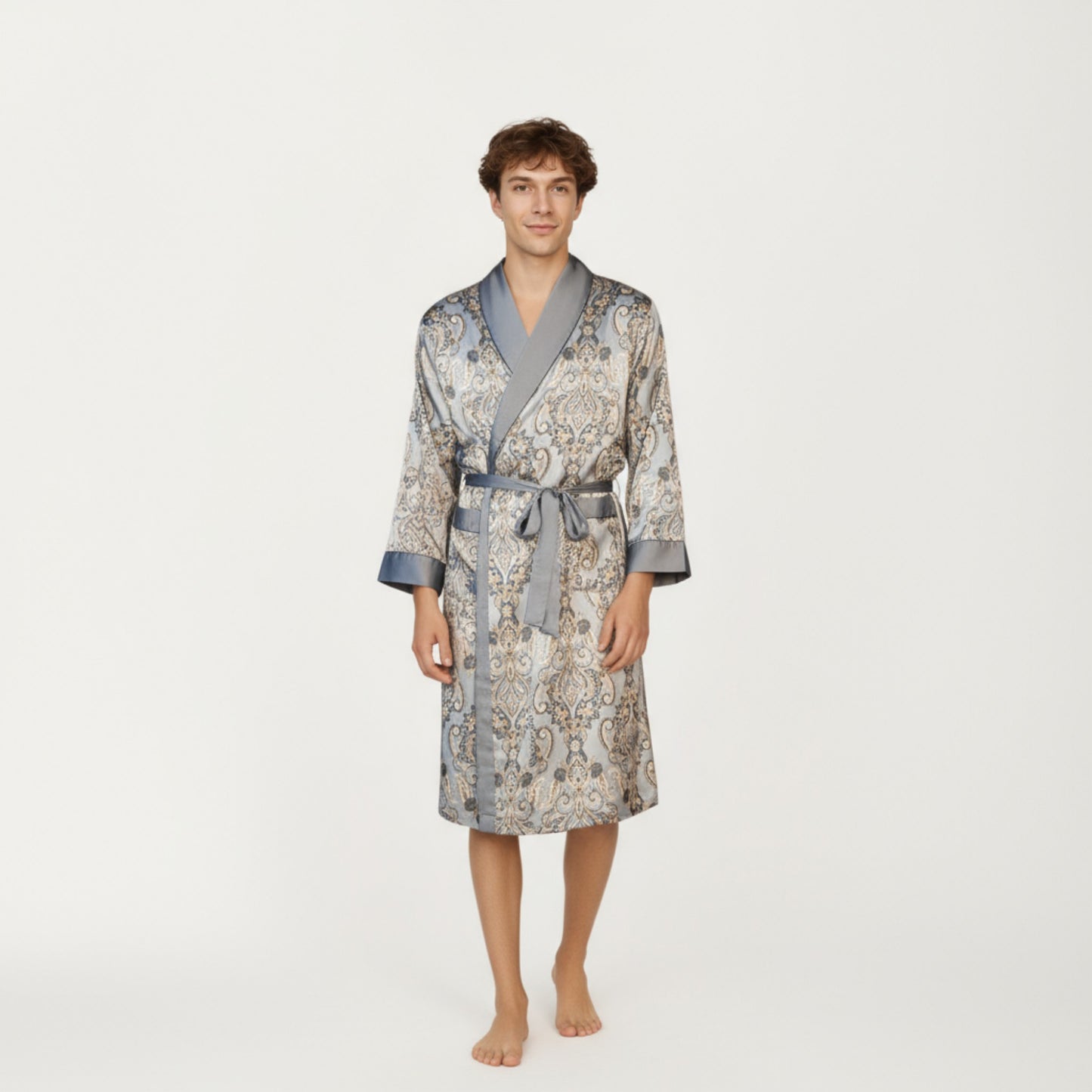 Men's Paisley Print Satin Robe with Contrast Trim Shawl Collar and Waist Tie