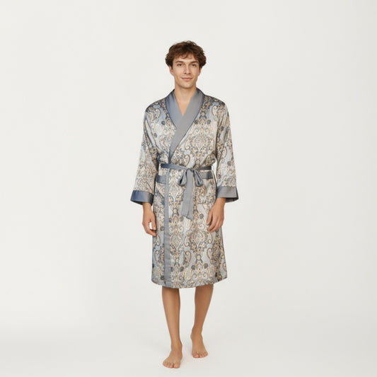 Men's Paisley Print Satin Robe with Contrast Trim Shawl Collar and Waist Tie