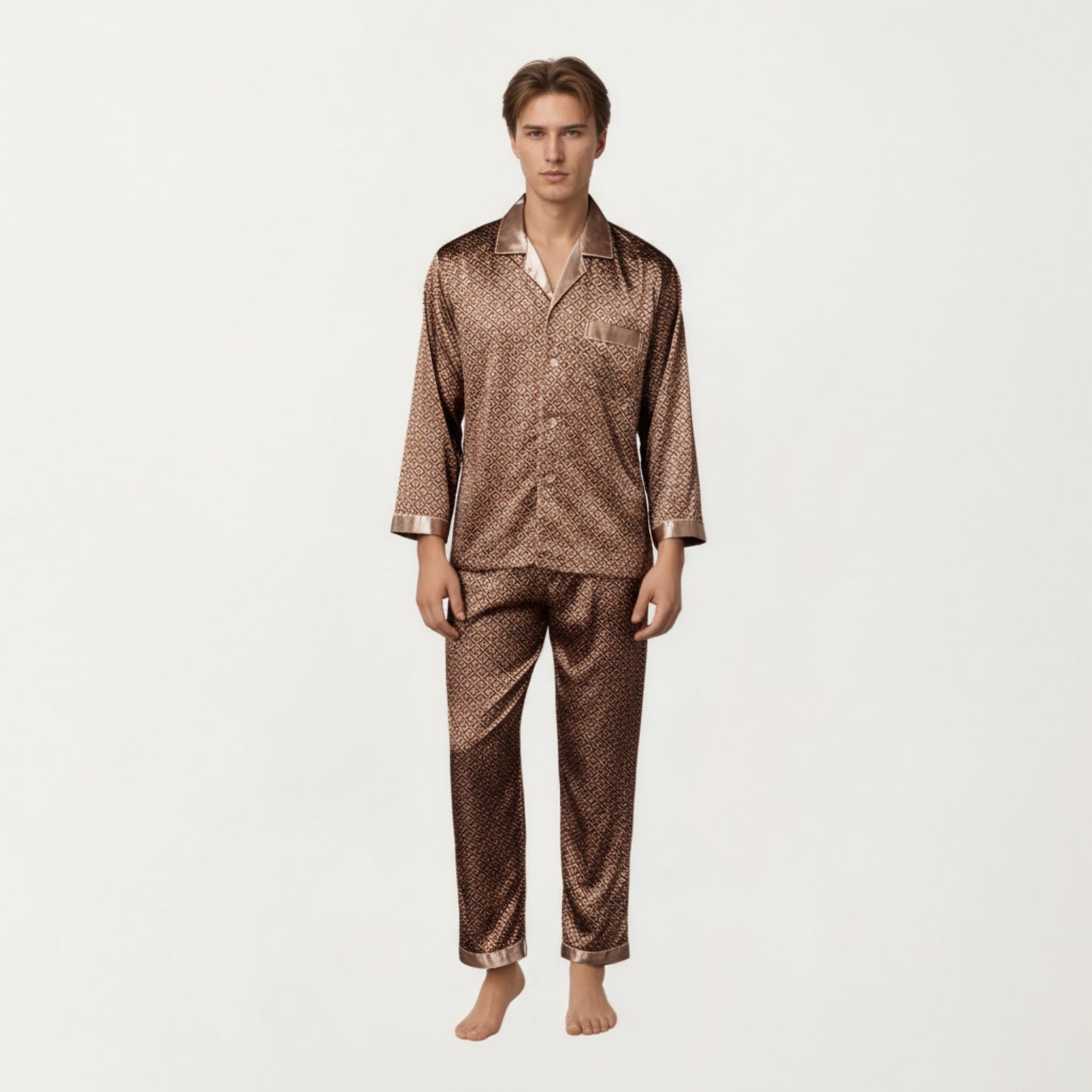 Men's 2-Piece Set Satin Pajamas with Geometric Print Button-Up Top and Matching Pants