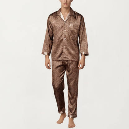 Men's 2-Piece Set Satin Pajamas with Geometric Print Button-Up Top and Matching Pants