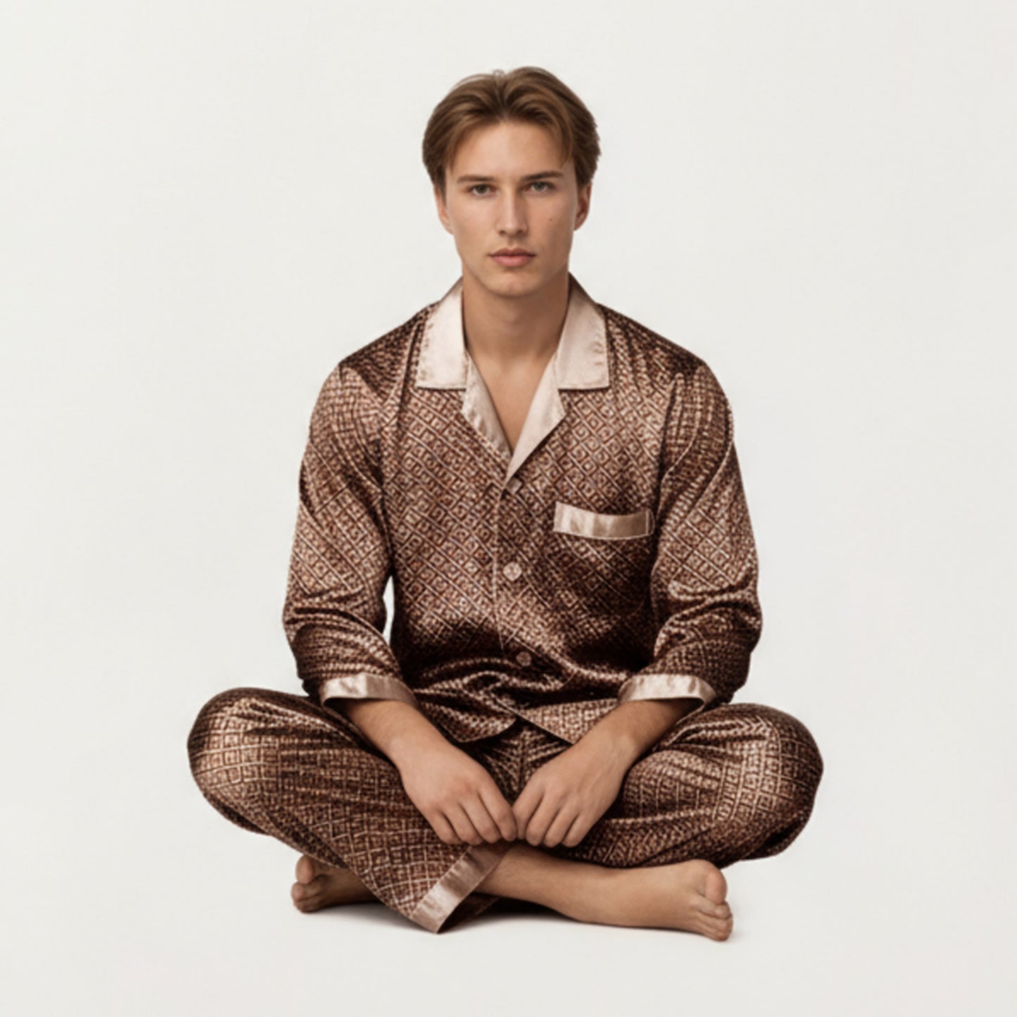 Men's 2-Piece Set Satin Pajamas with Geometric Print Button-Up Top and Matching Pants