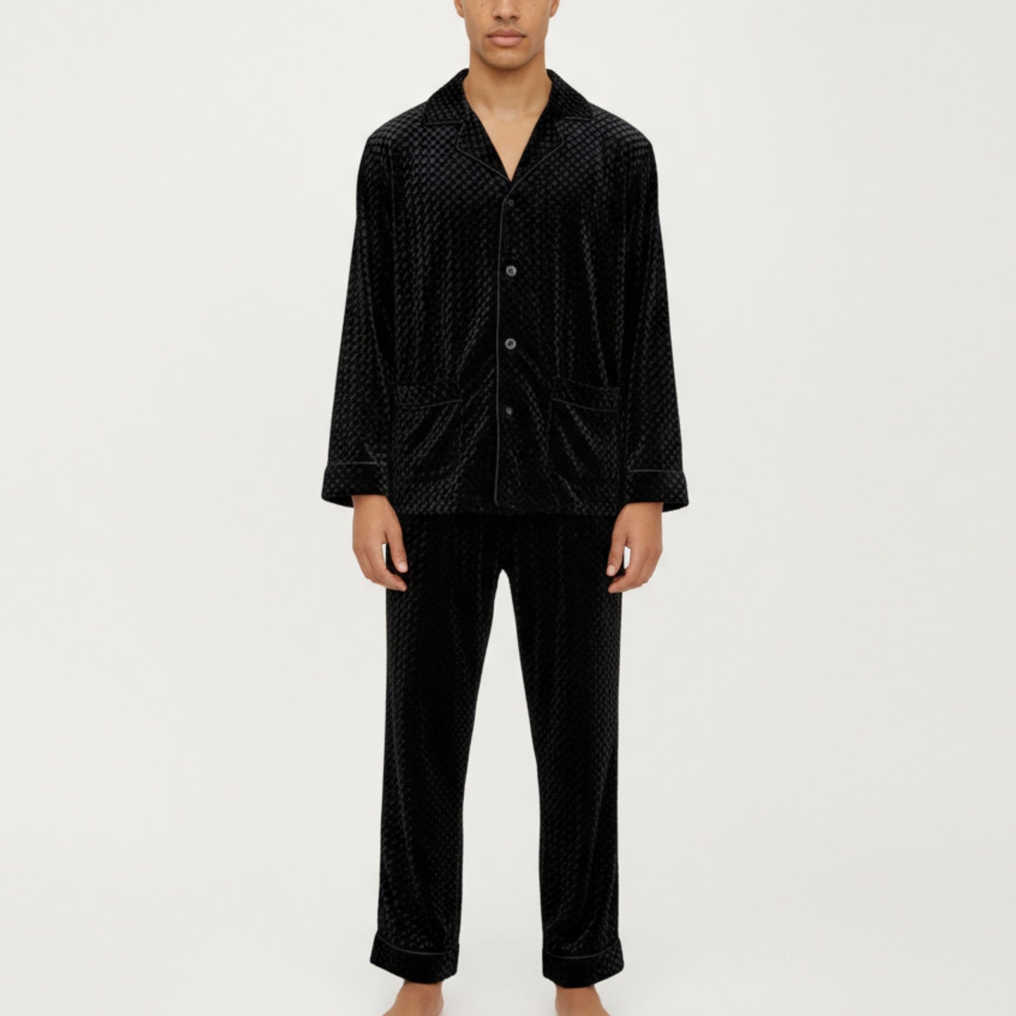 Men's 2-Piece Set Textured Velvet Pajamas with Button-Up Top and Straight-Leg Pants