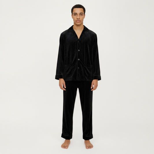 Men's 2-Piece Set Textured Velvet Pajamas with Button-Up Top and Straight-Leg Pants