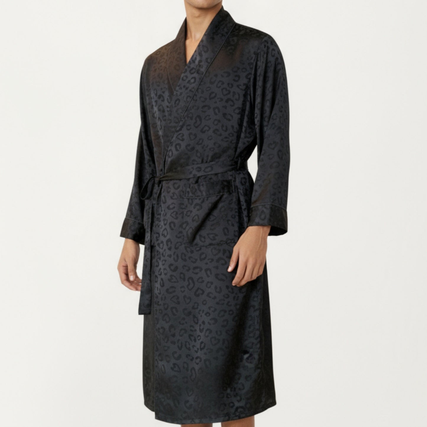 Men's Leopard Print Satin Robe with Waist Tie and Front Pockets