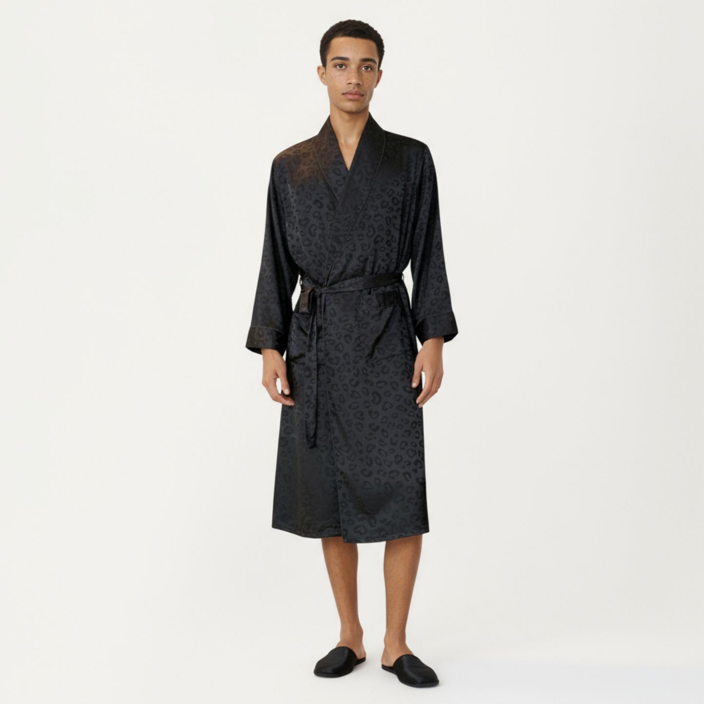 Men's Leopard Print Satin Robe with Waist Tie and Front Pockets