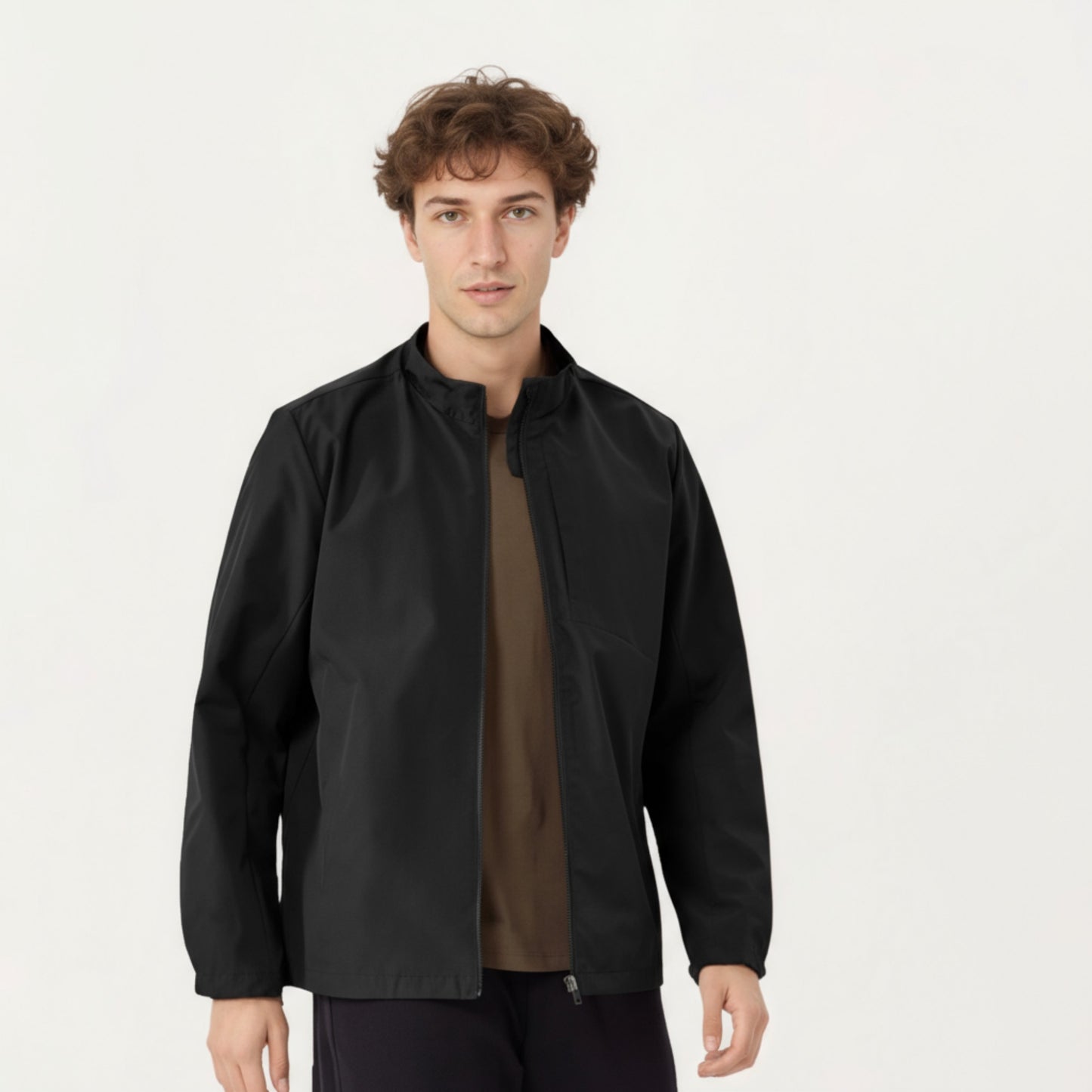 Men's Lightweight Zip-Up Jacket with Stand Collar and Long Sleeves