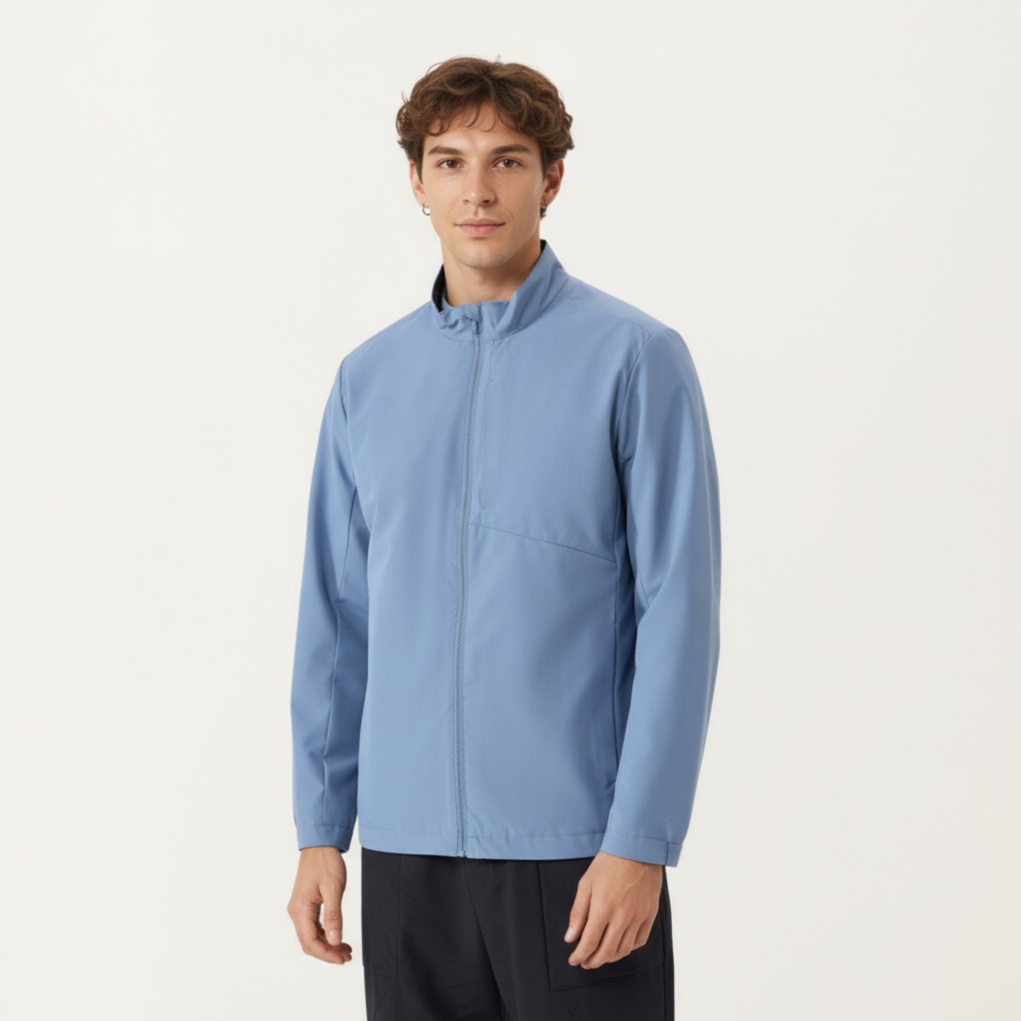 Men's Lightweight Zip-Up Jacket with Stand Collar and Long Sleeves