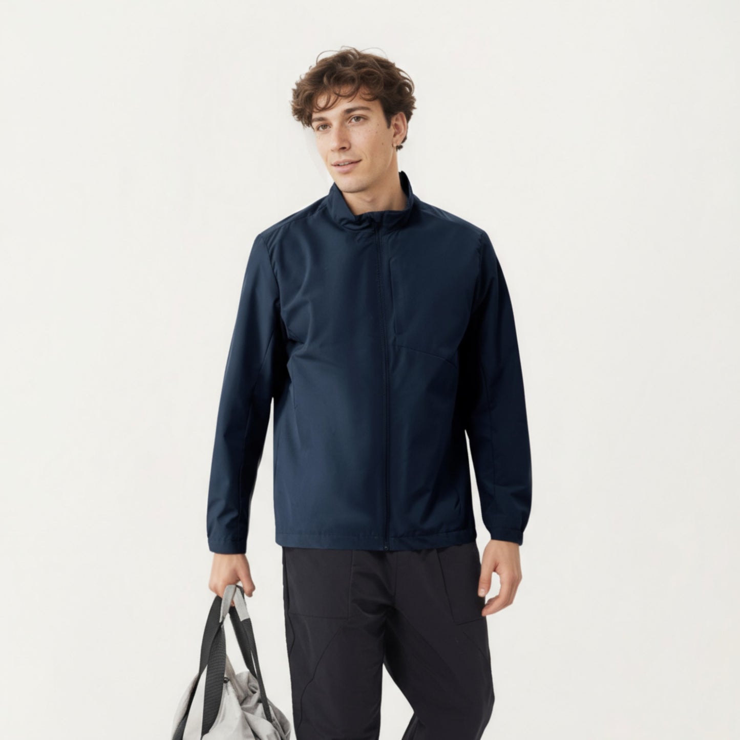 Men's Lightweight Zip-Up Jacket with Stand Collar and Long Sleeves