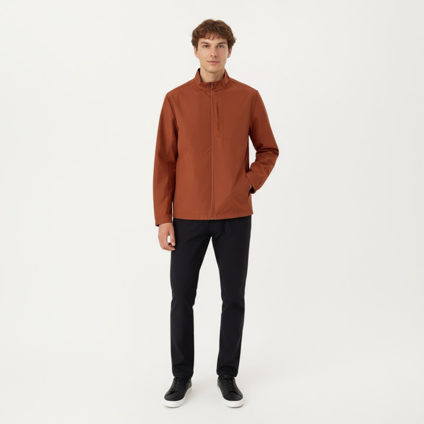 Men's Lightweight Zip-Up Jacket with Stand Collar and Long Sleeves