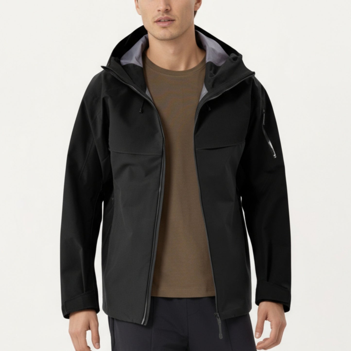Men's Waterproof Hooded Jacket with Zipper Pockets and Adjustable Drawstrings