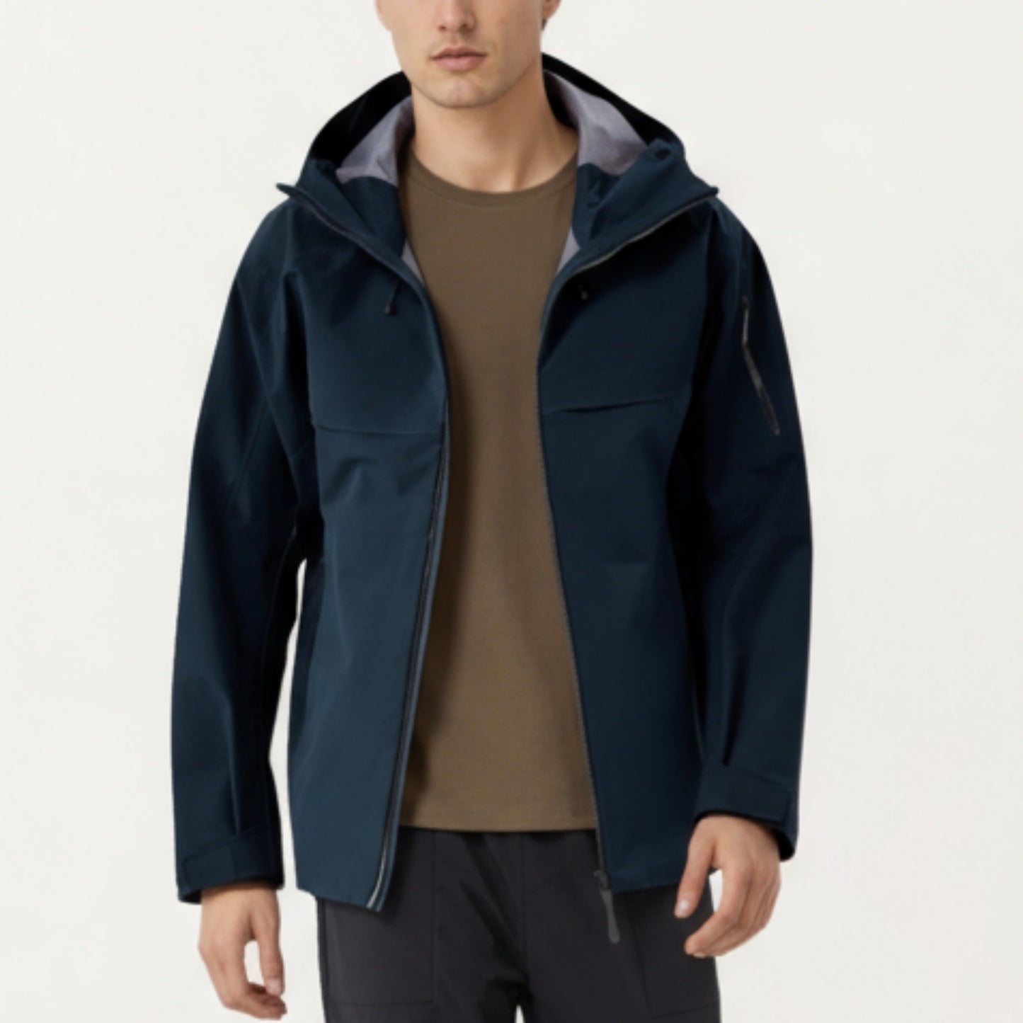 Men's Waterproof Hooded Jacket with Zipper Pockets and Adjustable Drawstrings