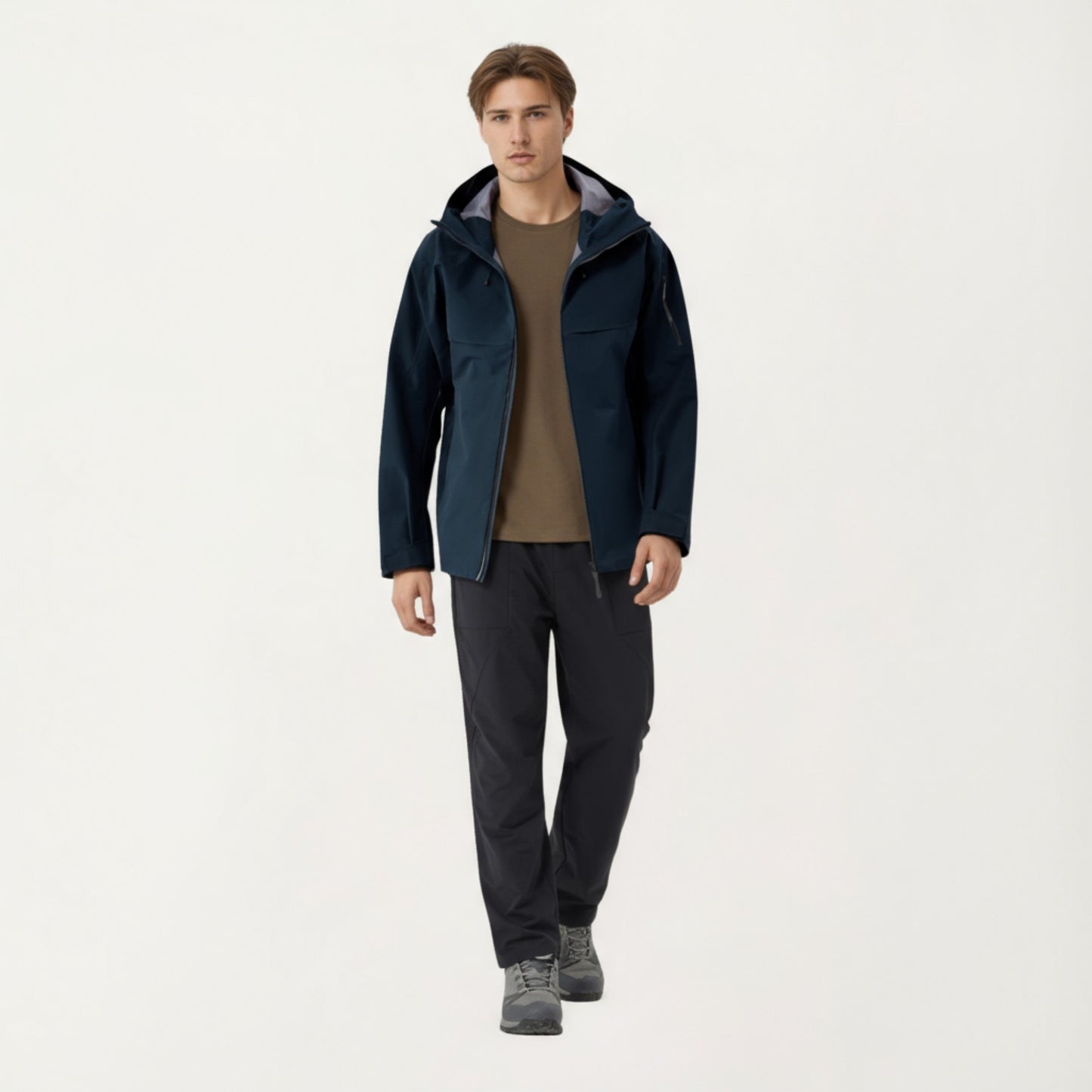 Men's Waterproof Hooded Jacket with Zipper Pockets and Adjustable Drawstrings