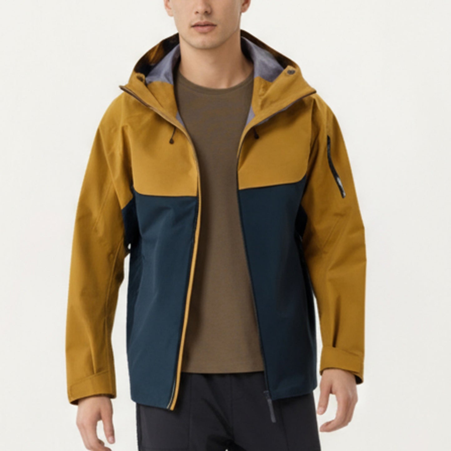 Men's Waterproof Hooded Jacket with Zipper Pockets and Adjustable Drawstrings