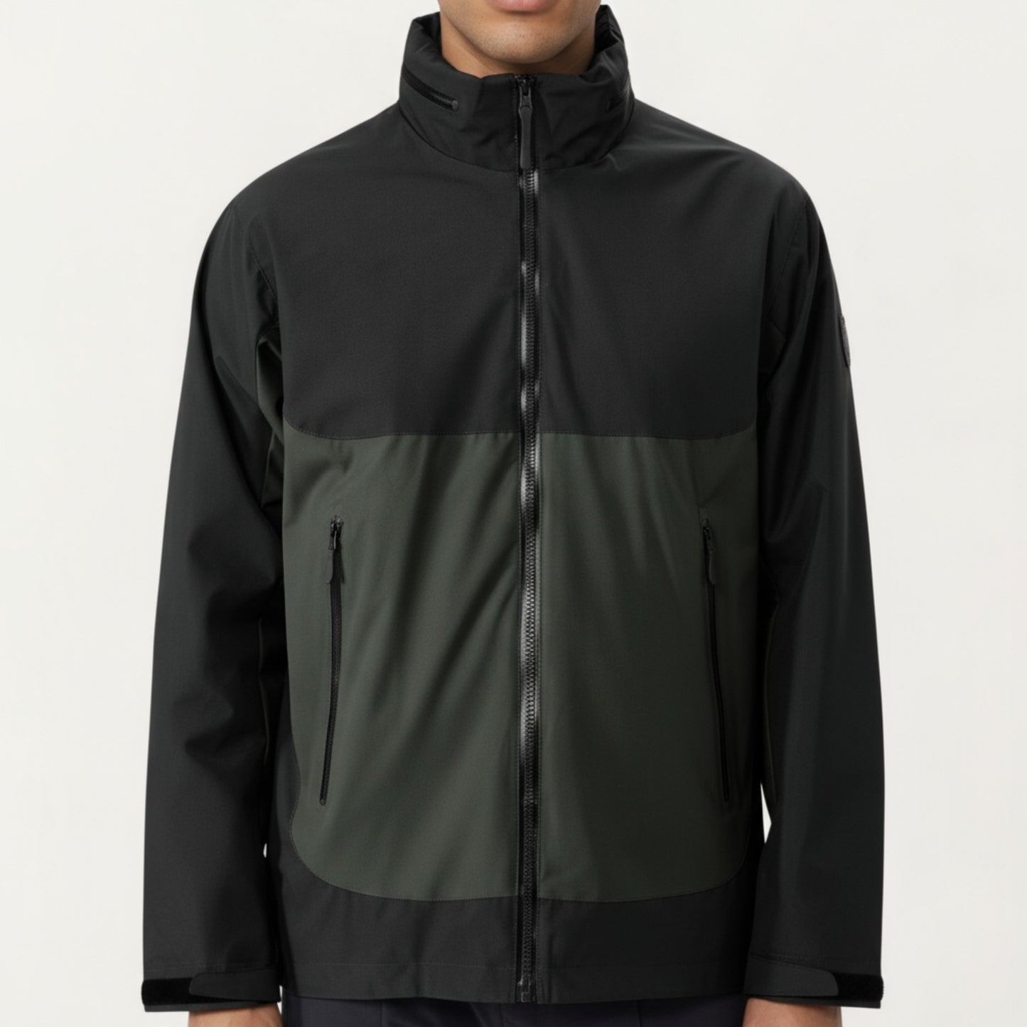 Men's Lightweight Zip-Up Windbreaker Jacket with High Collar and Zipper Pockets