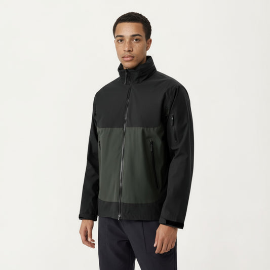 Men's Lightweight Zip-Up Windbreaker Jacket with High Collar and Zipper Pockets