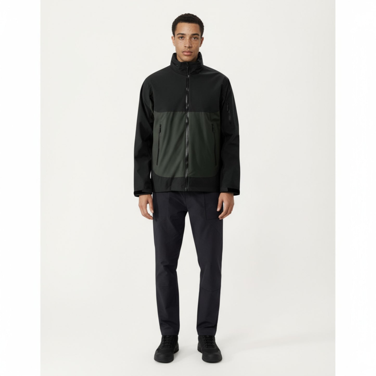 Men's Lightweight Zip-Up Windbreaker Jacket with High Collar and Zipper Pockets