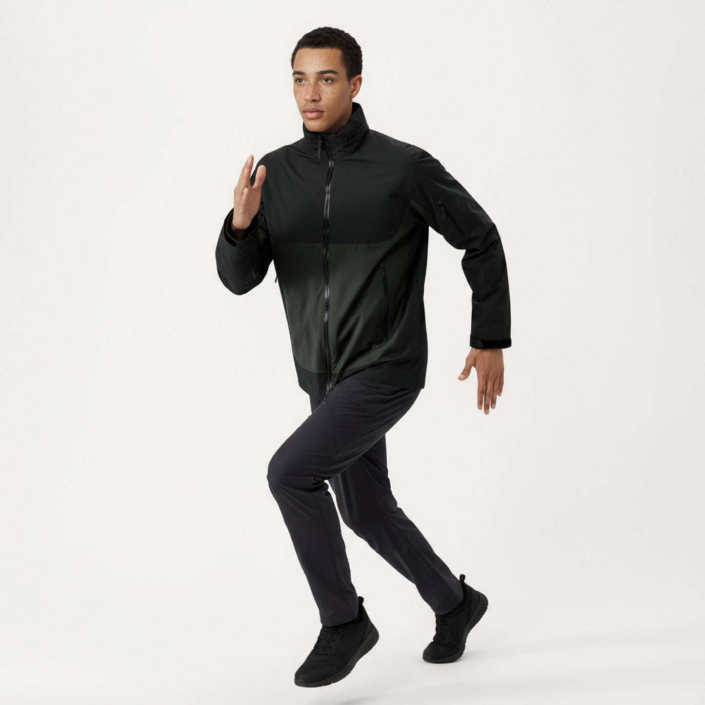 Men's Lightweight Zip-Up Windbreaker Jacket with High Collar and Zipper Pockets