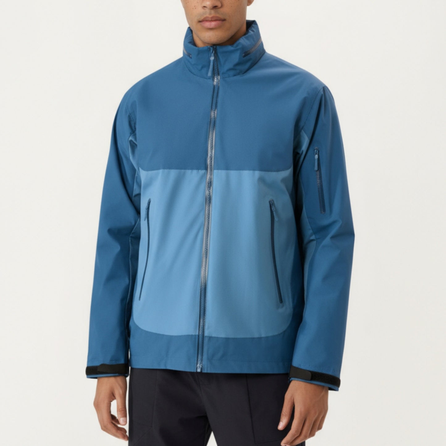 Men's Lightweight Zip-Up Windbreaker Jacket with High Collar and Zipper Pockets