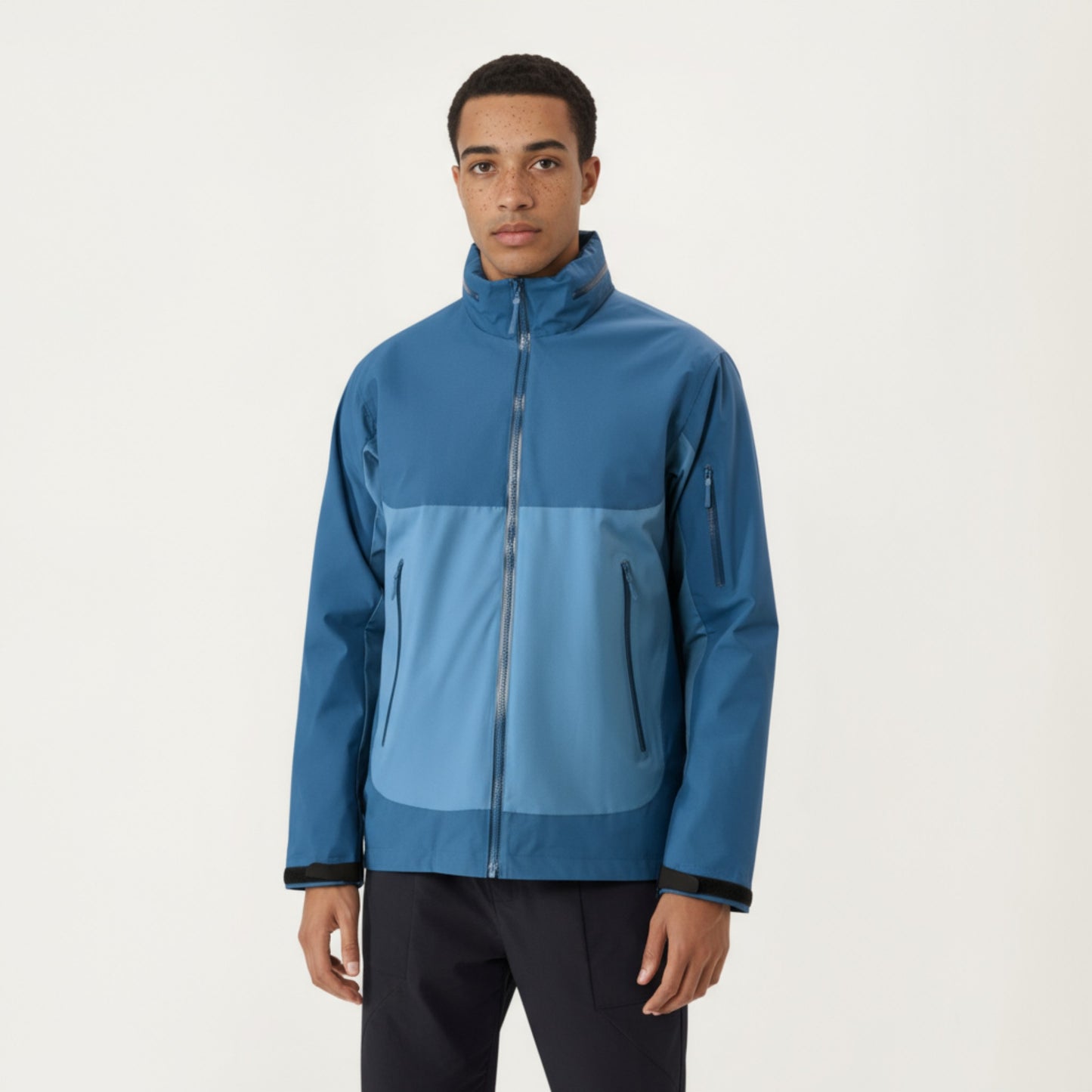 Men's Lightweight Zip-Up Windbreaker Jacket with High Collar and Zipper Pockets