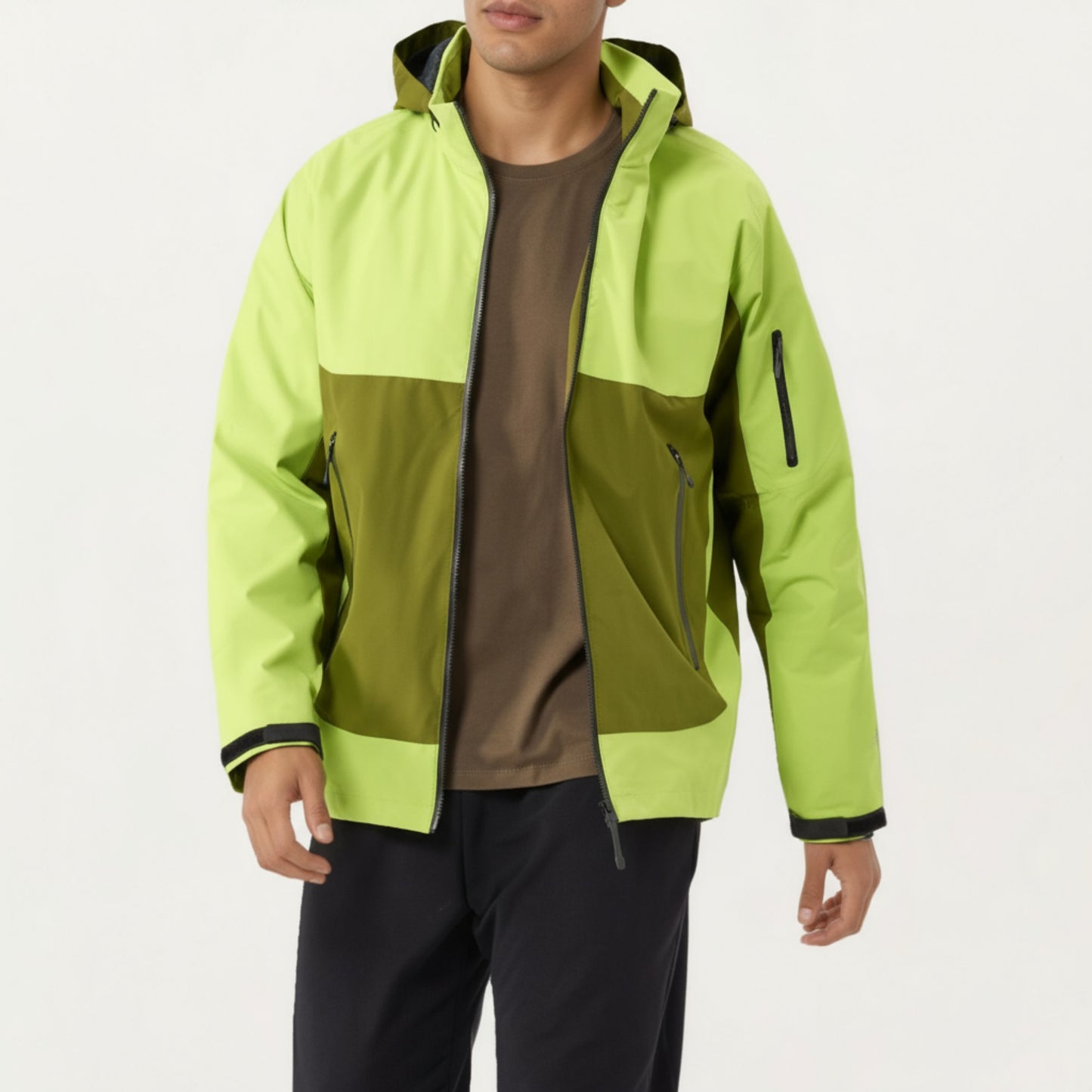 Men's Lightweight Zip-Up Windbreaker Jacket with High Collar and Zipper Pockets