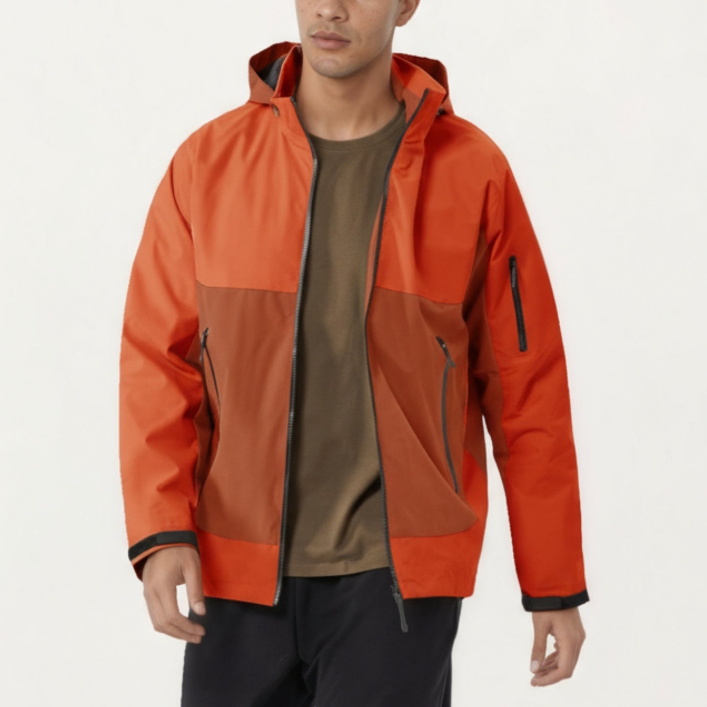 Men's Lightweight Zip-Up Windbreaker Jacket with High Collar and Zipper Pockets