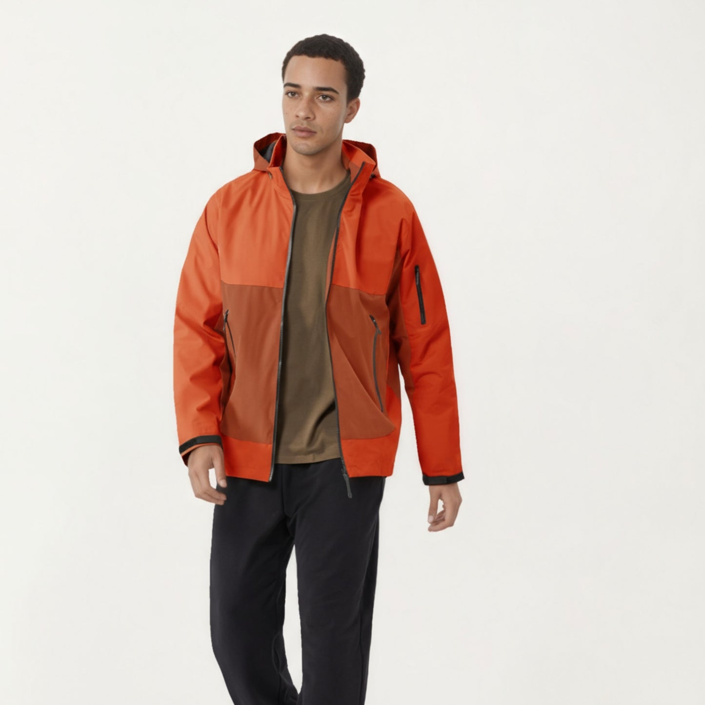 Men's Lightweight Zip-Up Windbreaker Jacket with High Collar and Zipper Pockets