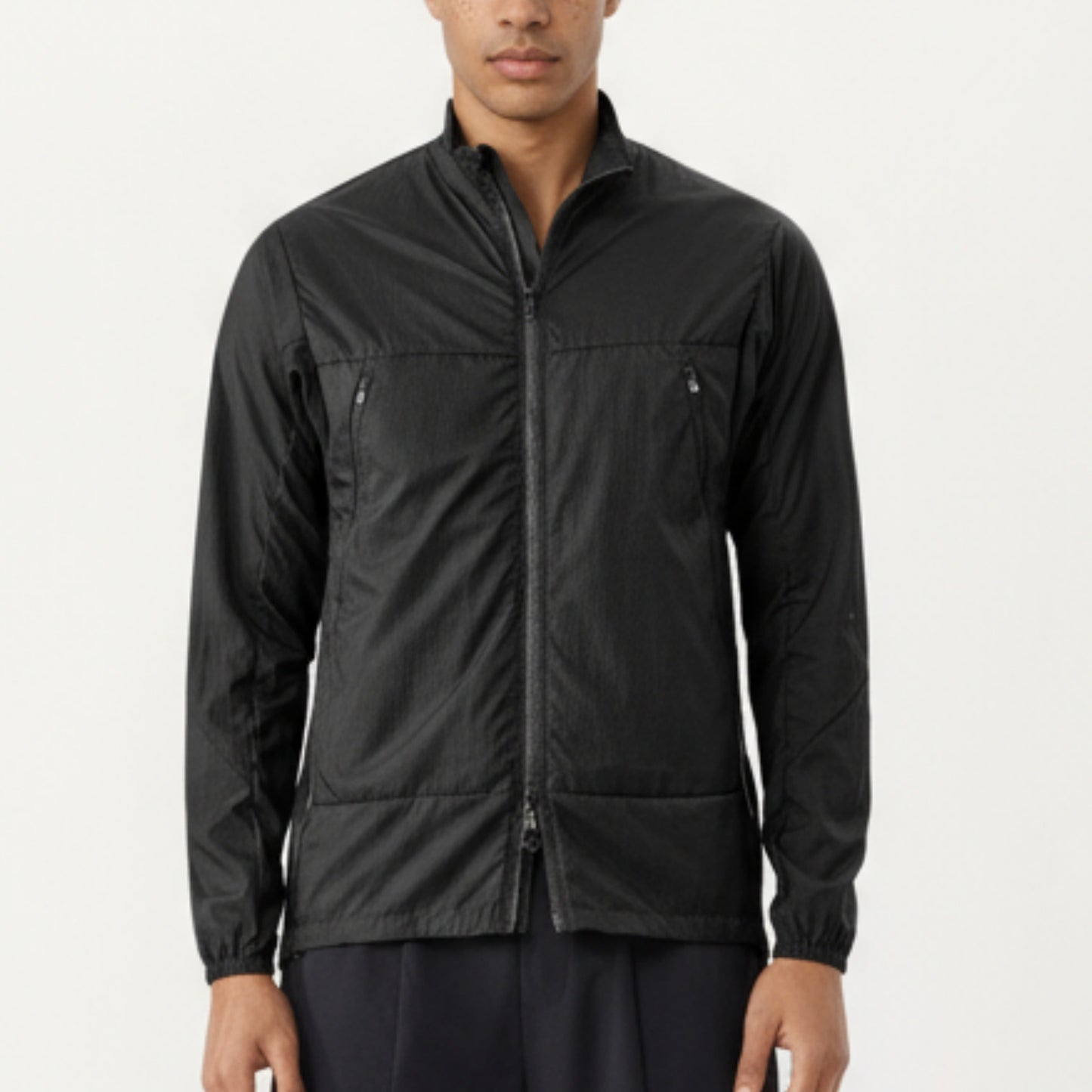Men's Lightweight Zip-Up Windbreaker Jacket with High Collar and Elastic Cuffs