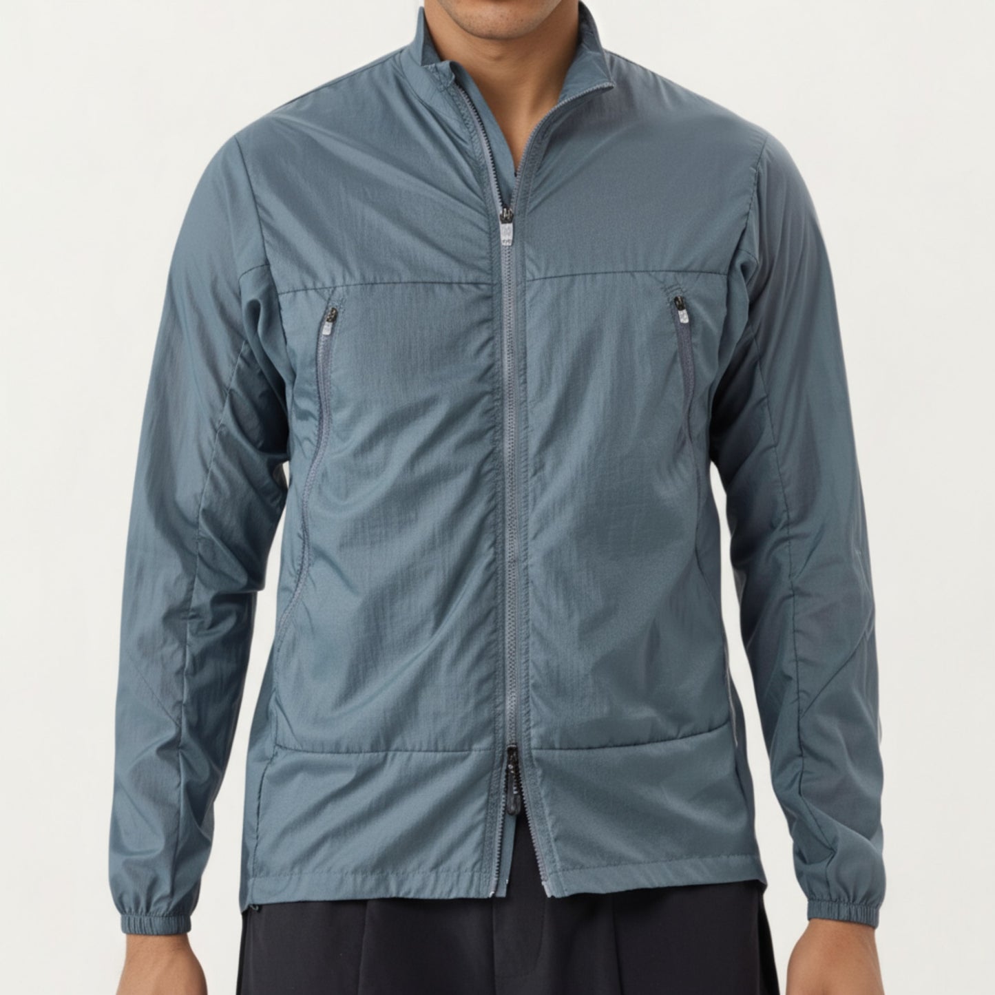 Men's Lightweight Zip-Up Windbreaker Jacket with High Collar and Elastic Cuffs