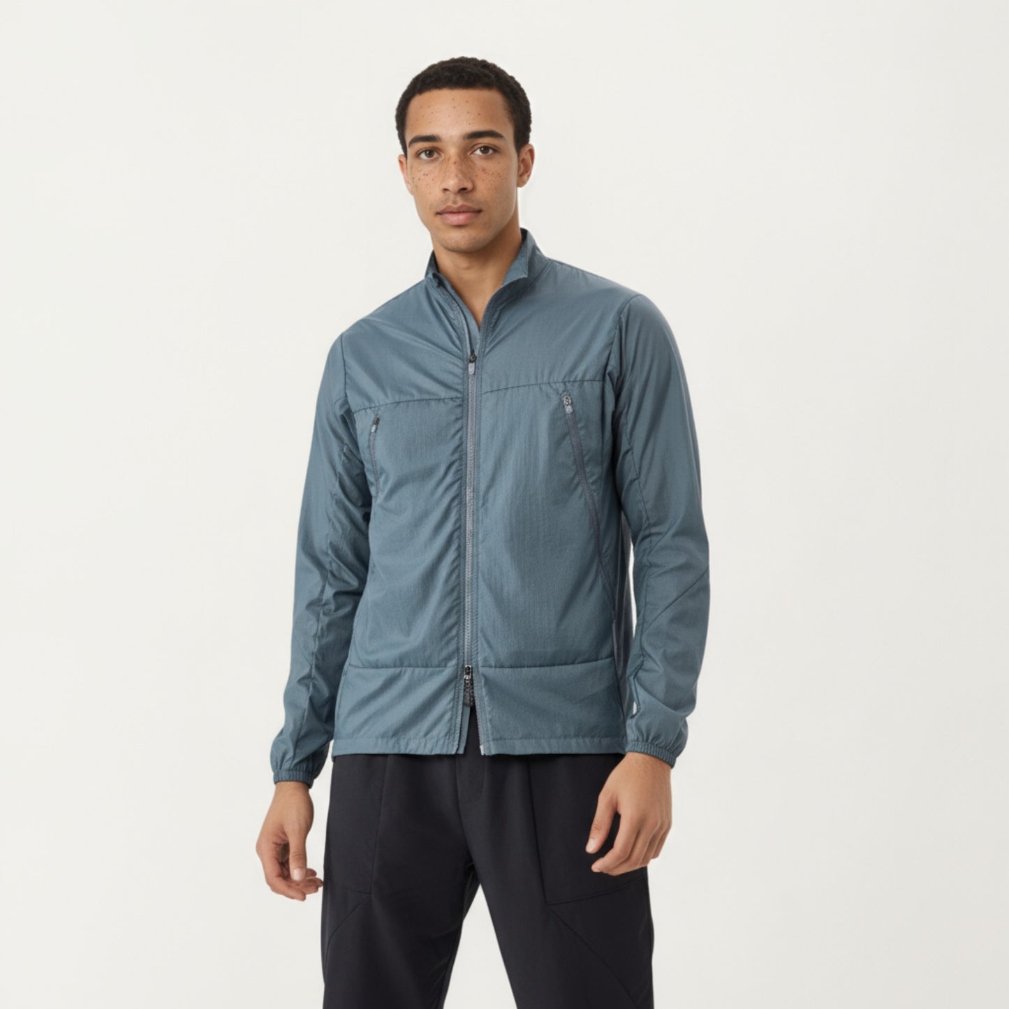 Men's Lightweight Zip-Up Windbreaker Jacket with High Collar and Elastic Cuffs