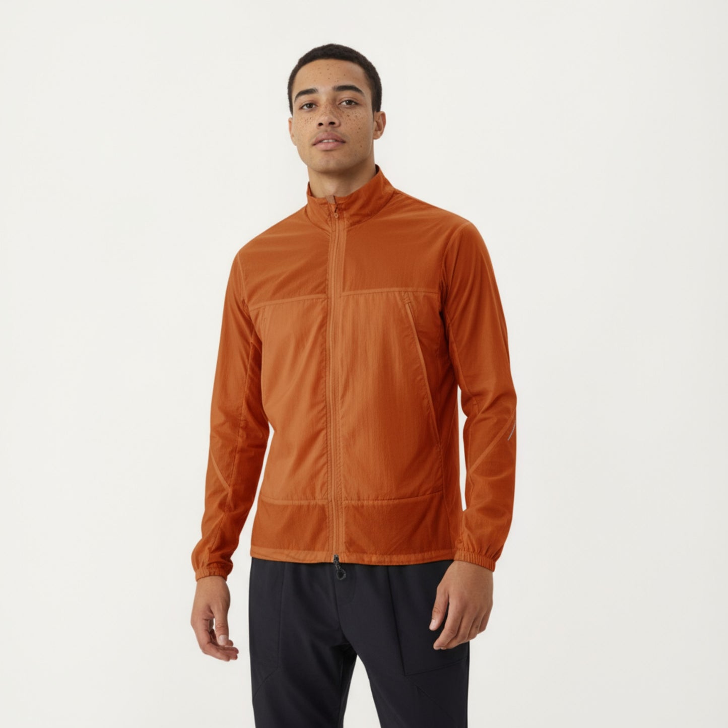 Men's Lightweight Zip-Up Windbreaker Jacket with High Collar and Elastic Cuffs