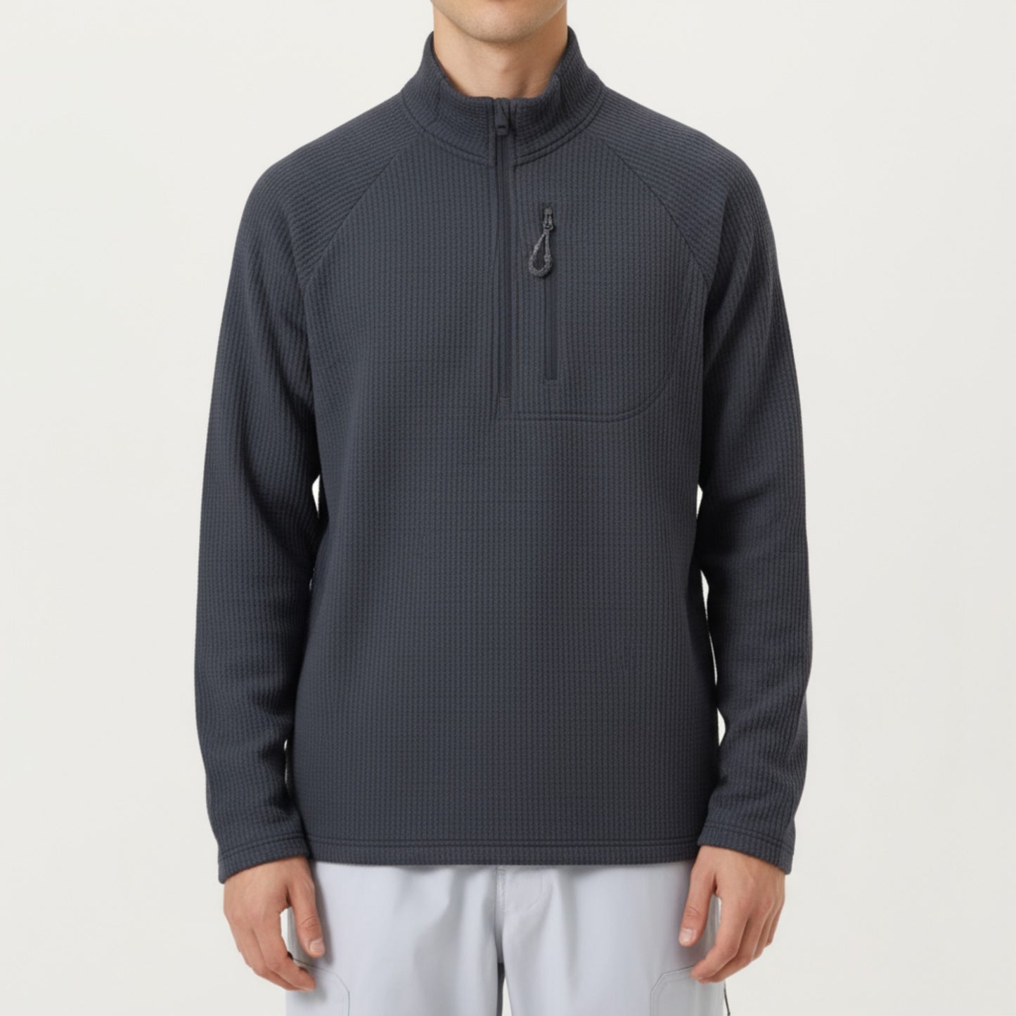 Men's Long Sleeve Quarter Zip Fleece Pullover with Mock Neck and Textured Waffle Knit Fabric