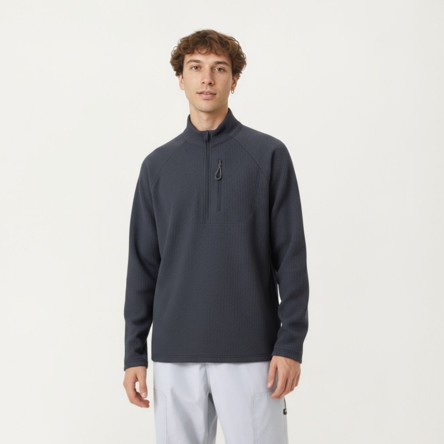 Men's Long Sleeve Quarter Zip Fleece Pullover with Mock Neck and Textured Waffle Knit Fabric